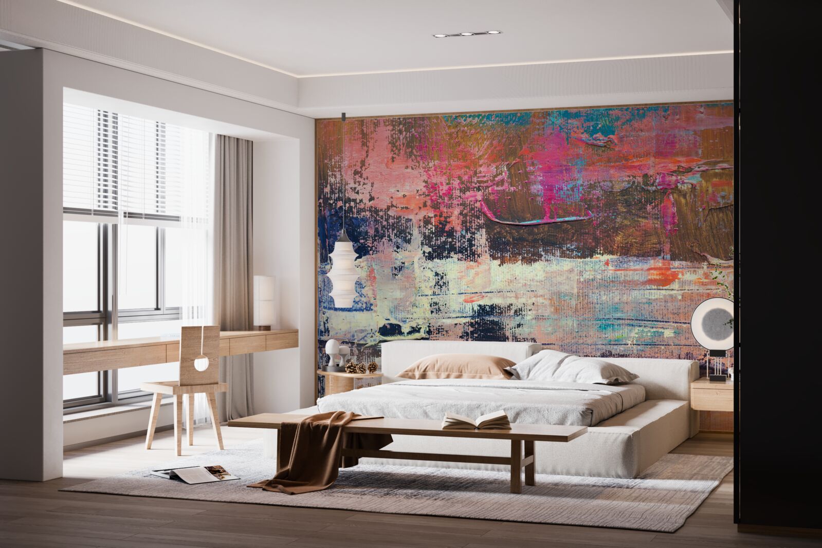 Fototapeta západ slnka v lese, maľovaný v ružových odtieňoch