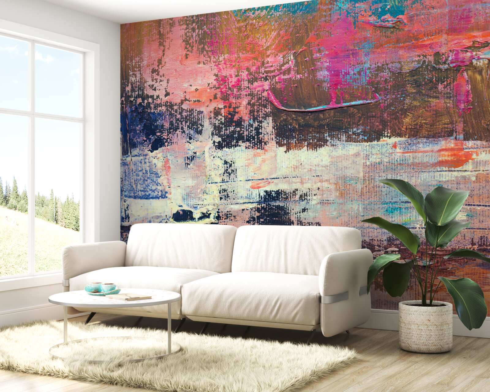 Fototapeta západ slnka v lese, maľovaný v ružových odtieňoch