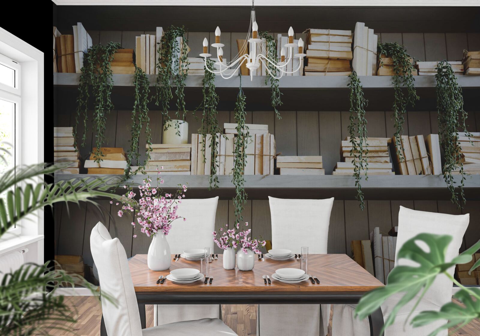 Fototapeta police s knihami a zelenými rastlinami vytvárajú útulnú atmosféru