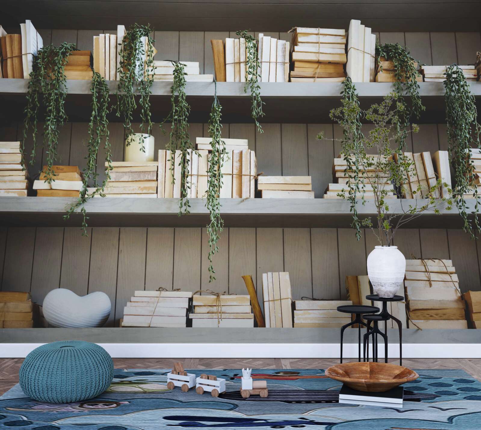 Fototapeta police s knihami a zelenými rastlinami vytvárajú útulnú atmosféru