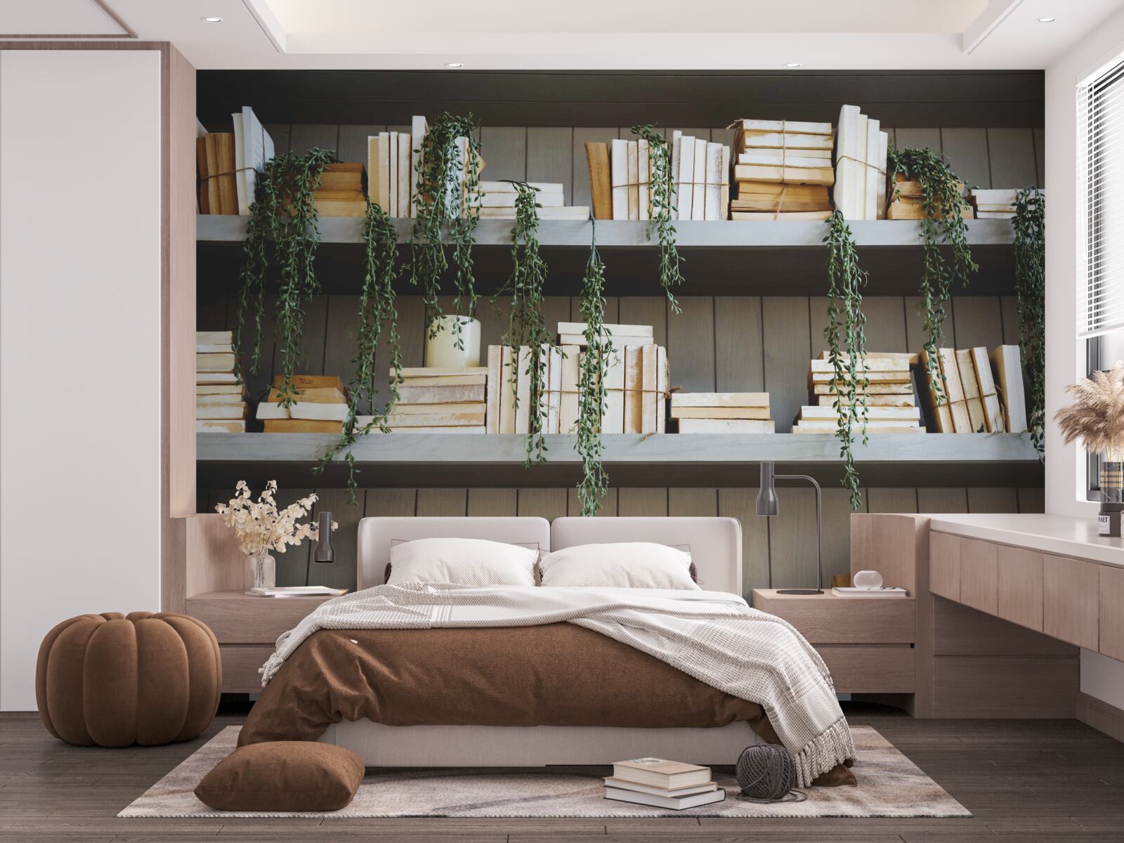 Fototapeta police s knihami a zelenými rastlinami vytvárajú útulnú atmosféru