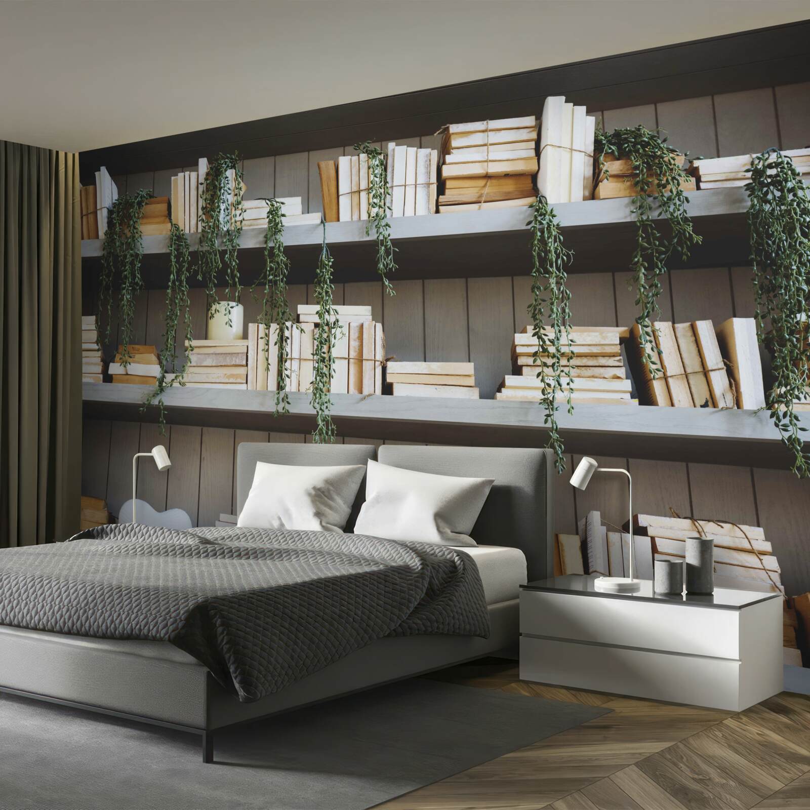 Fototapeta police s knihami a zelenými rastlinami vytvárajú útulnú atmosféru