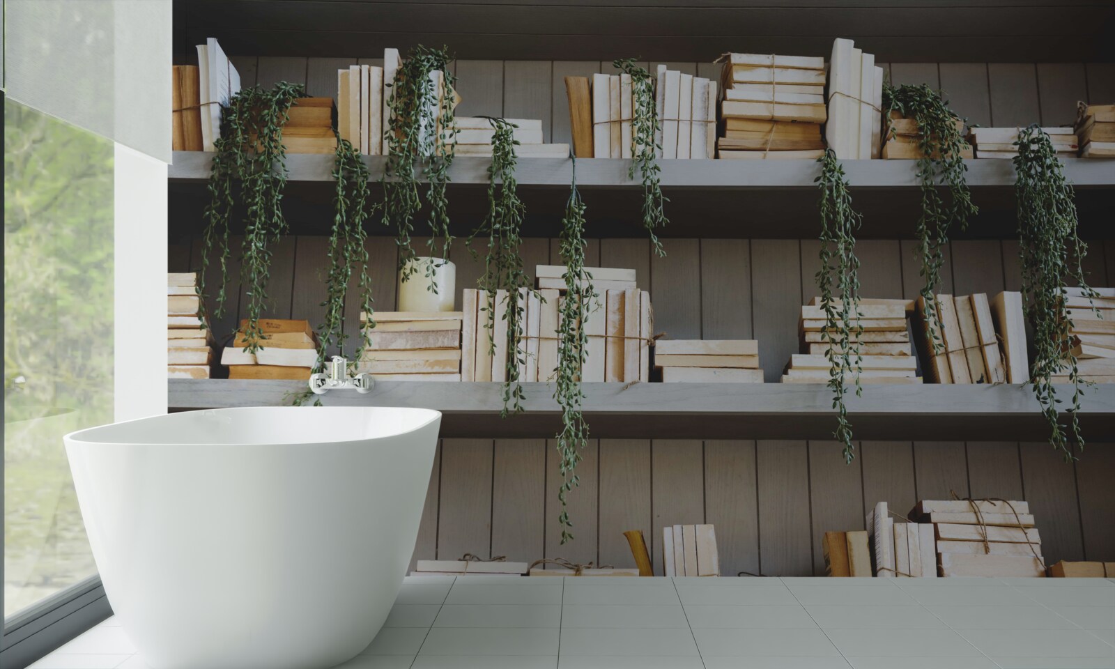 Fototapeta police s knihami a zelenými rastlinami vytvárajú útulnú atmosféru