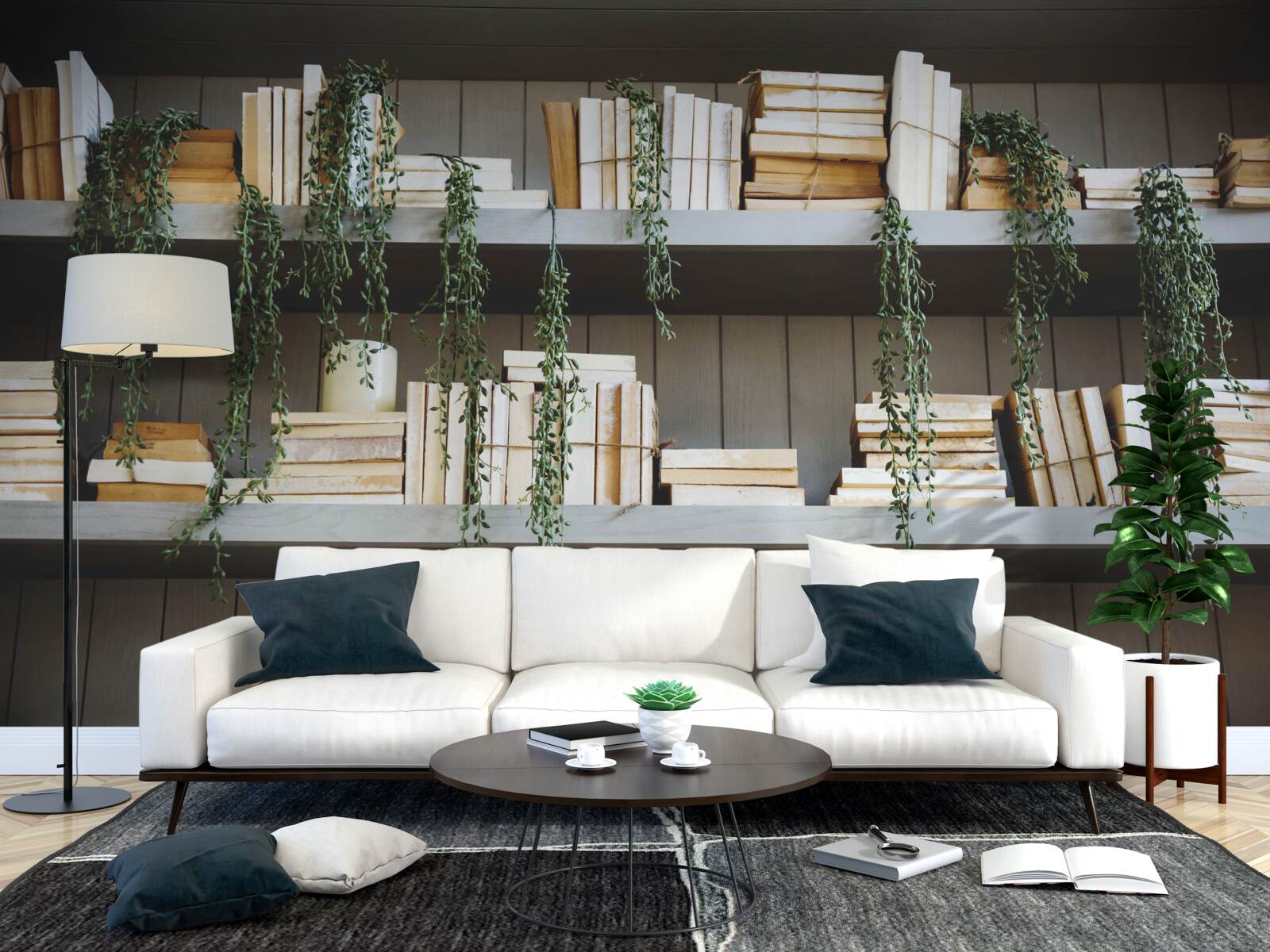 Fototapeta police s knihami a zelenými rastlinami vytvárajú útulnú atmosféru