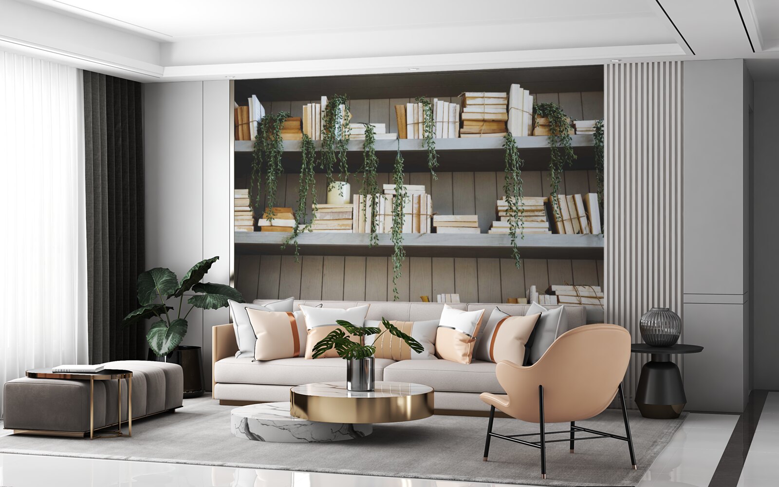 Fototapeta police s knihami a zelenými rastlinami vytvárajú útulnú atmosféru