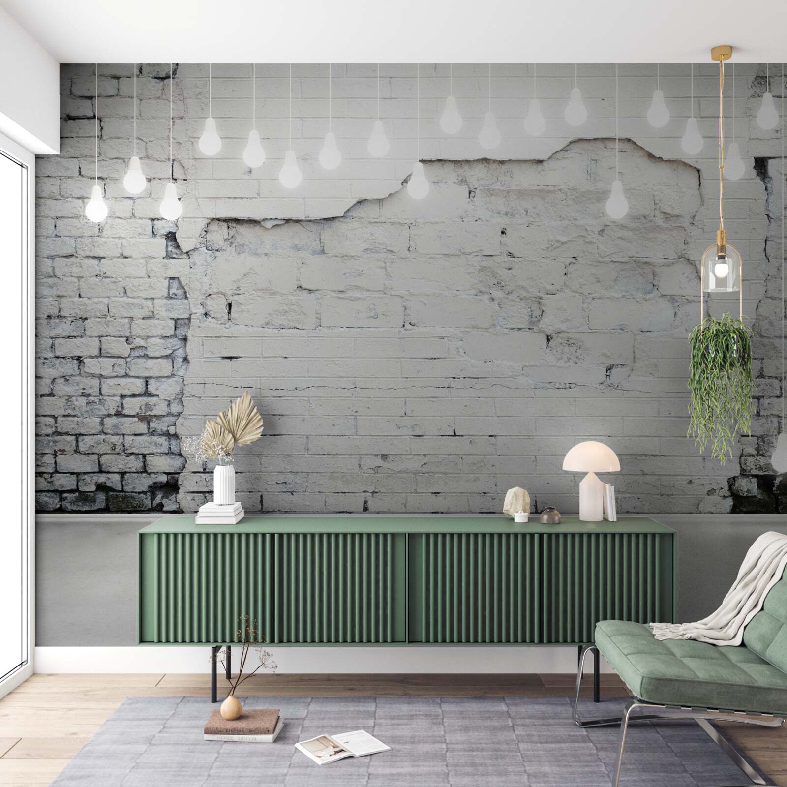 Fototapeta biela tehlová stena a na nej žiarovky