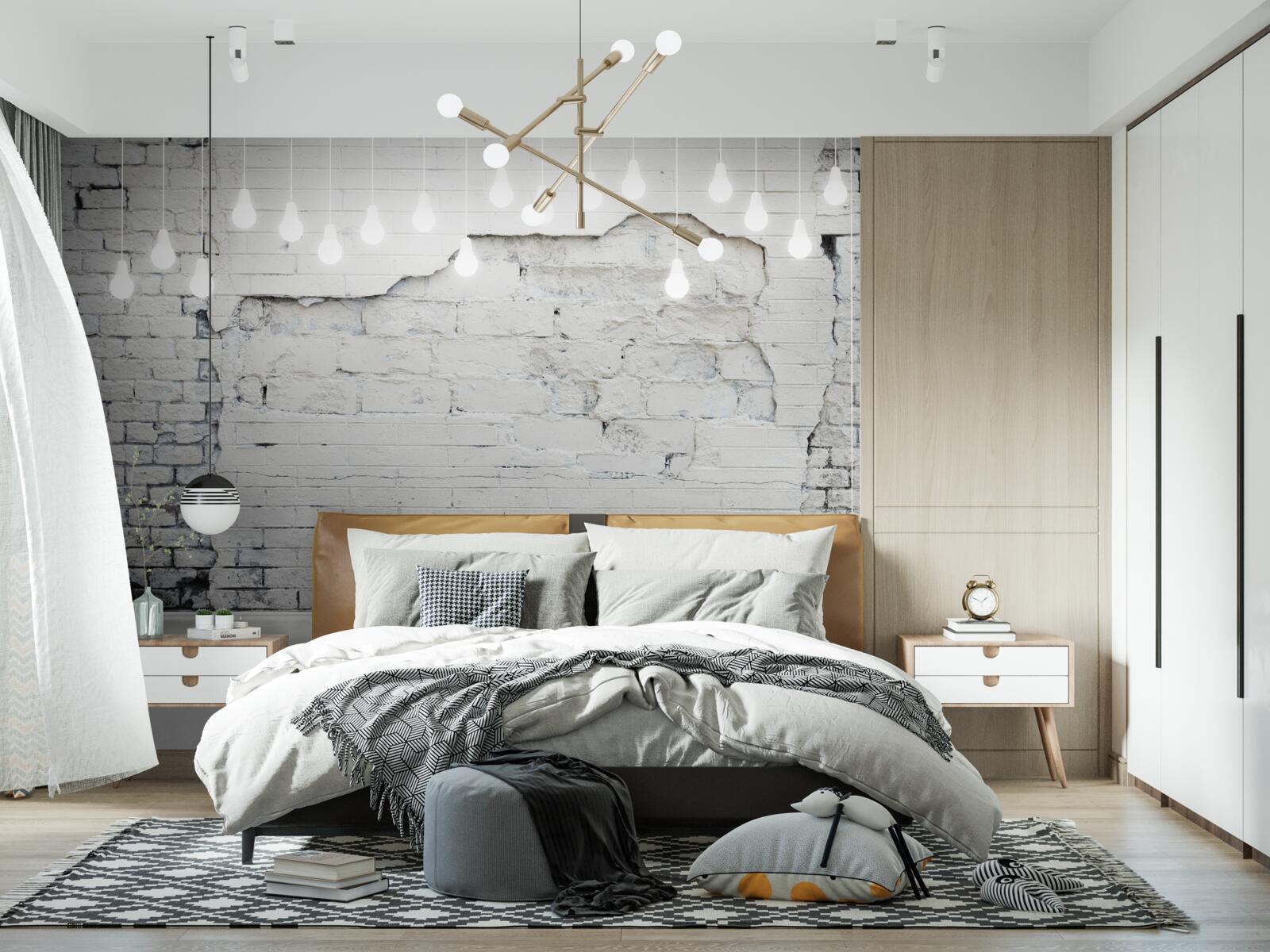 Fototapeta biela tehlová stena a na nej žiarovky