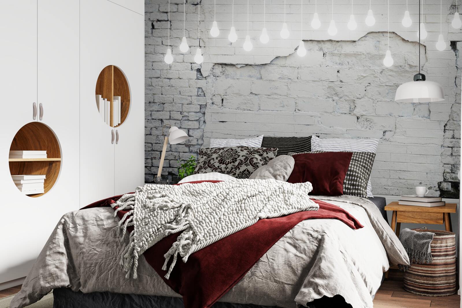 Fototapeta biela tehlová stena a na nej žiarovky