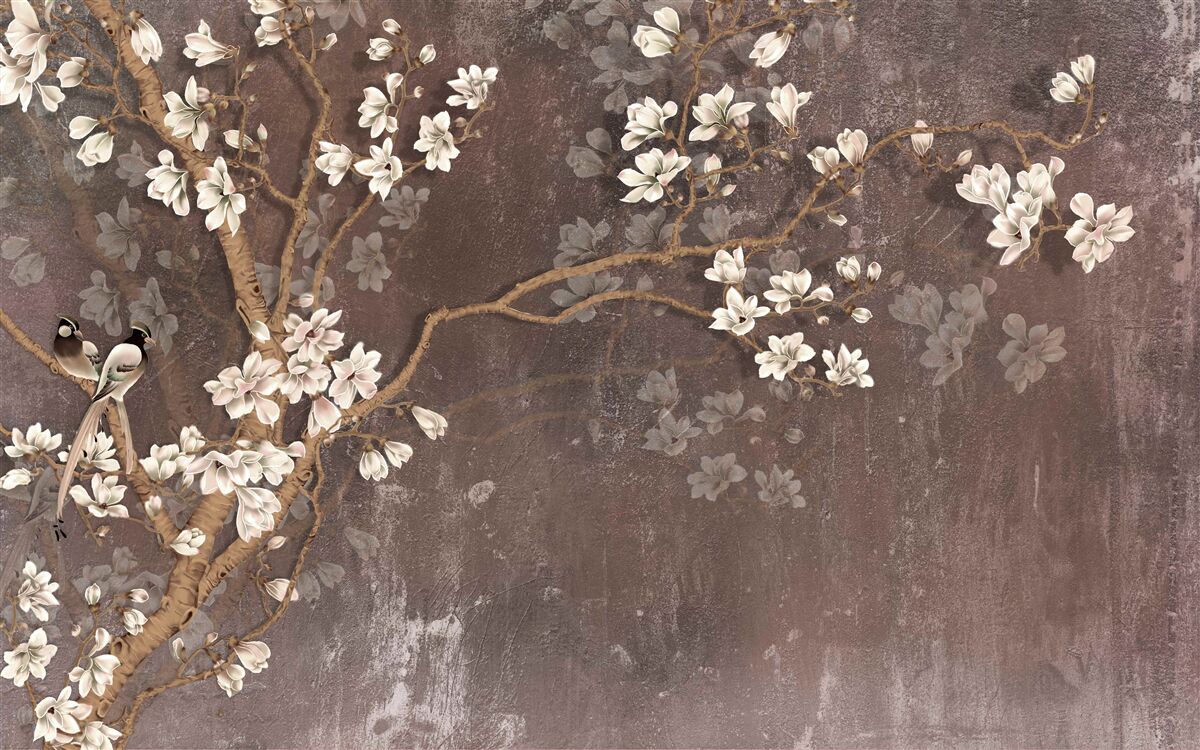 Fototapeta dve vtáčie stvorenia na strome s kvetmi