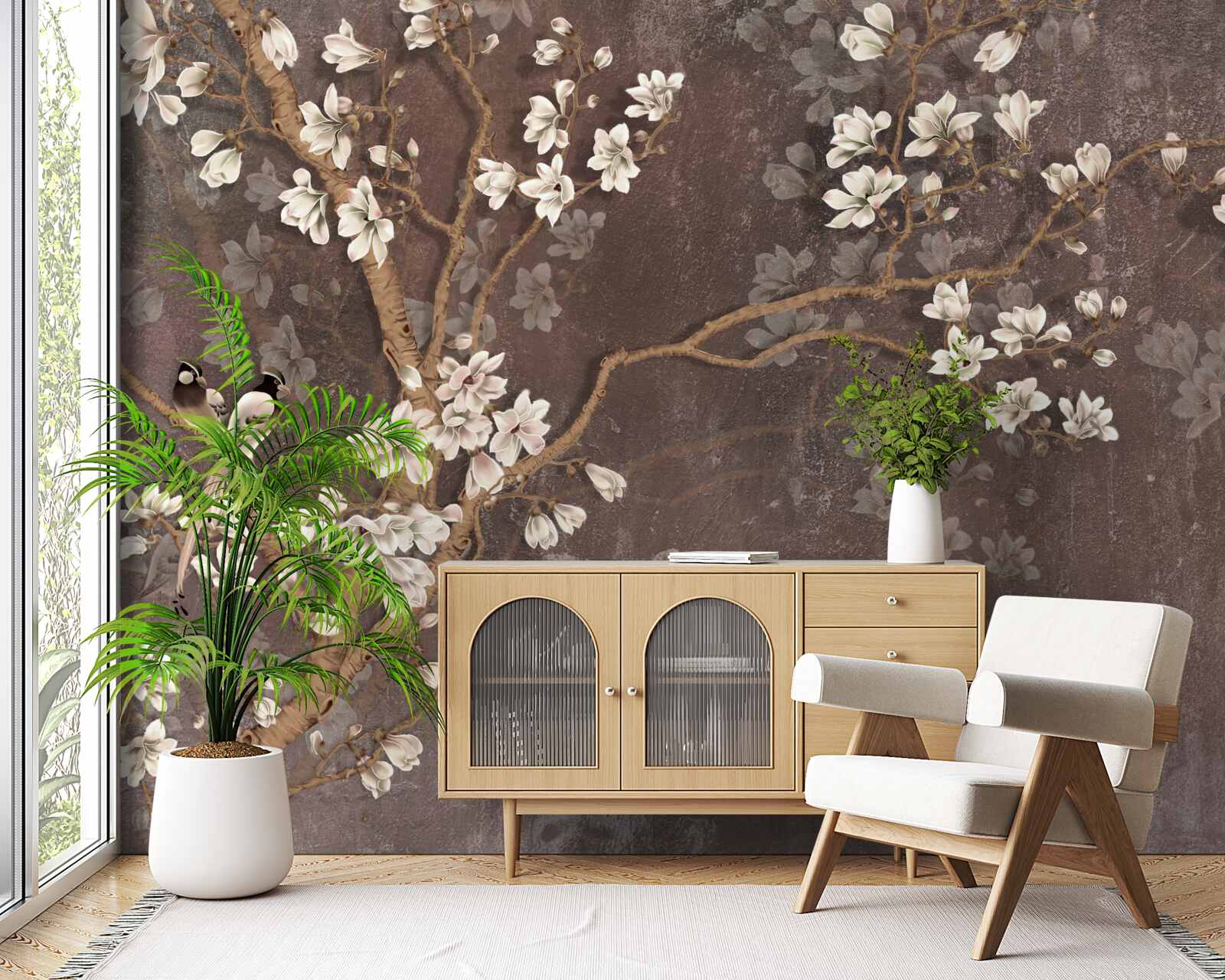 Fototapeta dve vtáčie stvorenia na strome s kvetmi