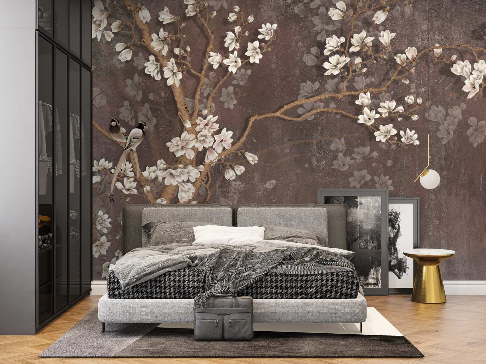 Fototapeta dve vtáčie stvorenia na strome s kvetmi