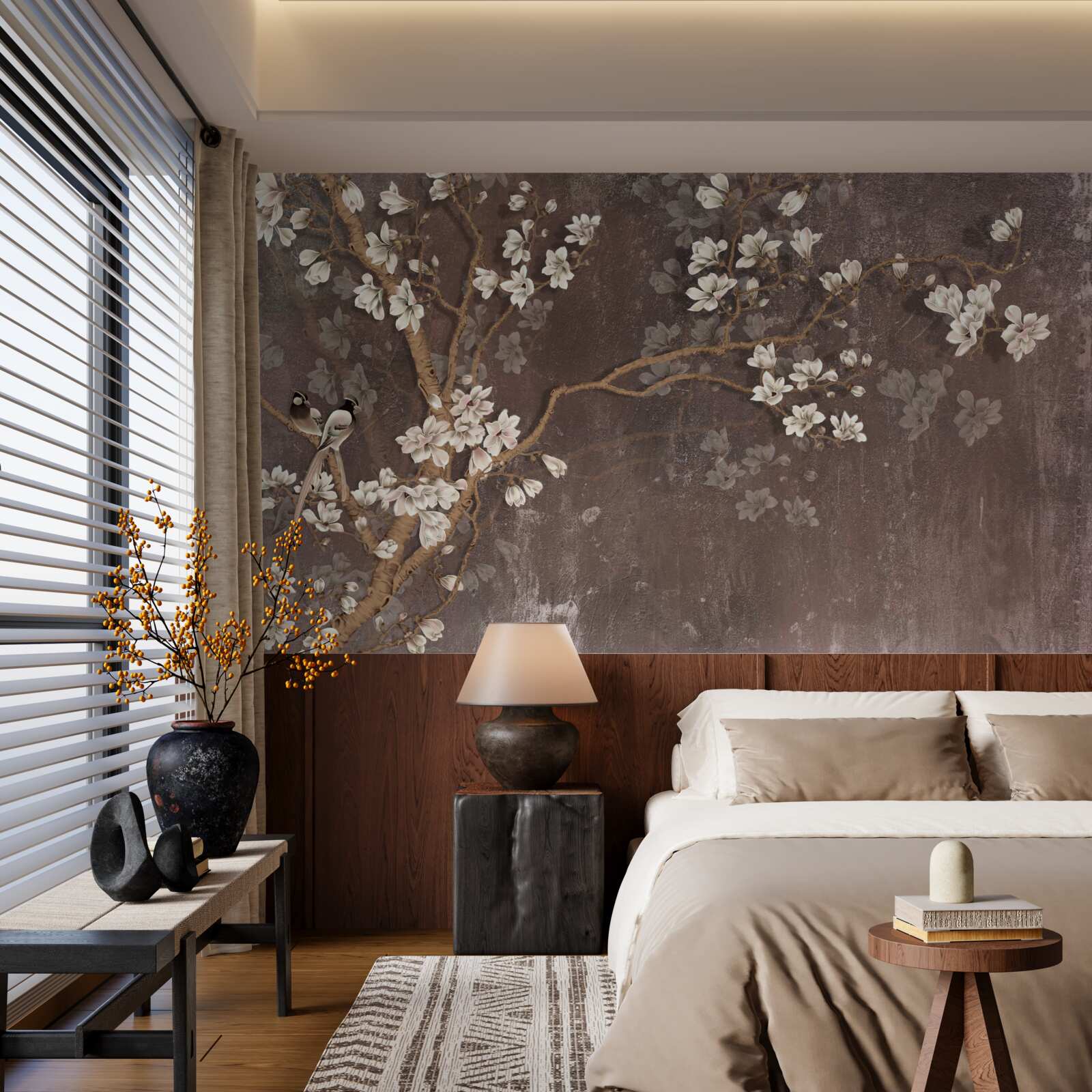 Fototapeta dve vtáčie stvorenia na strome s kvetmi