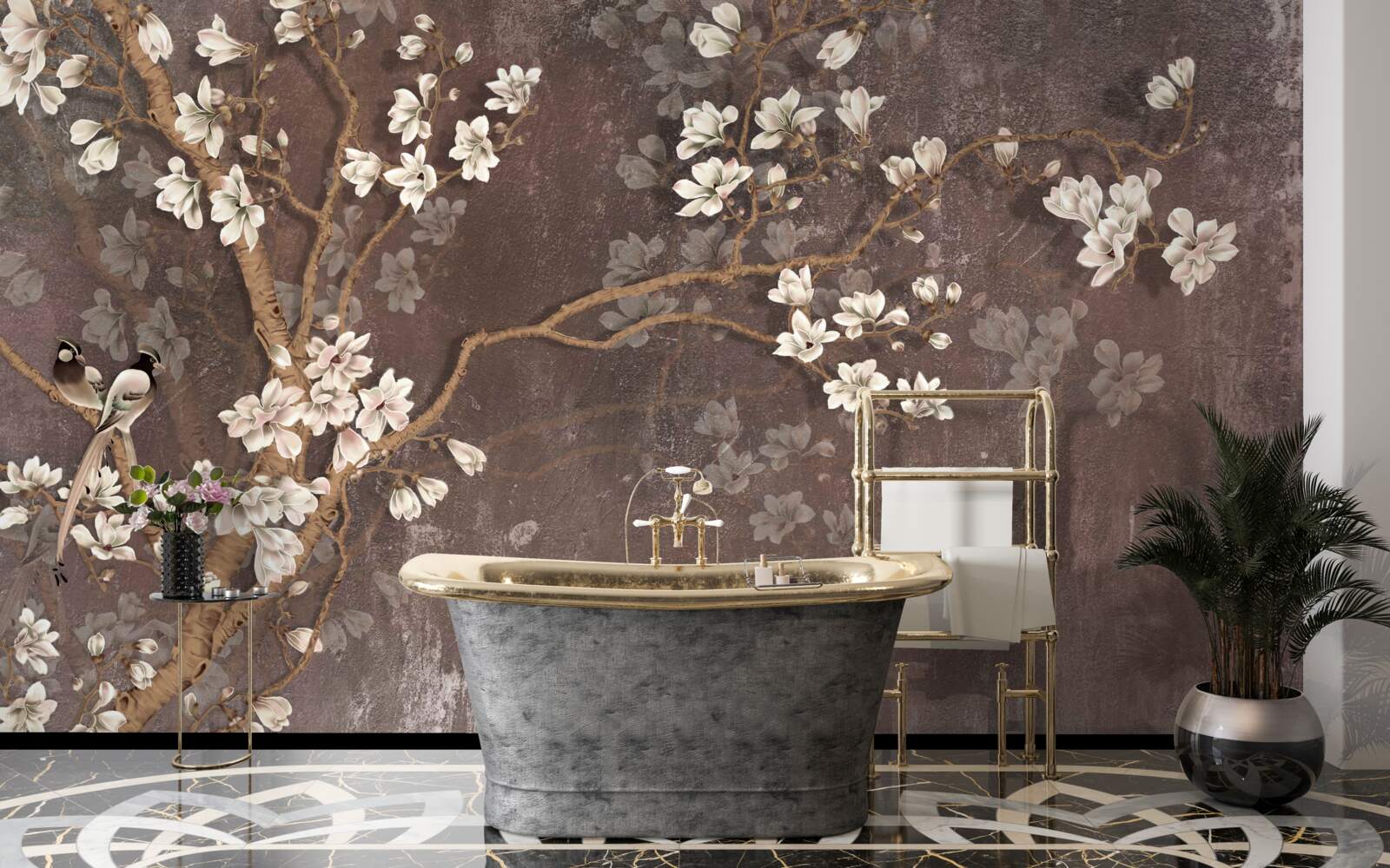 Fototapeta dve vtáčie stvorenia na strome s kvetmi