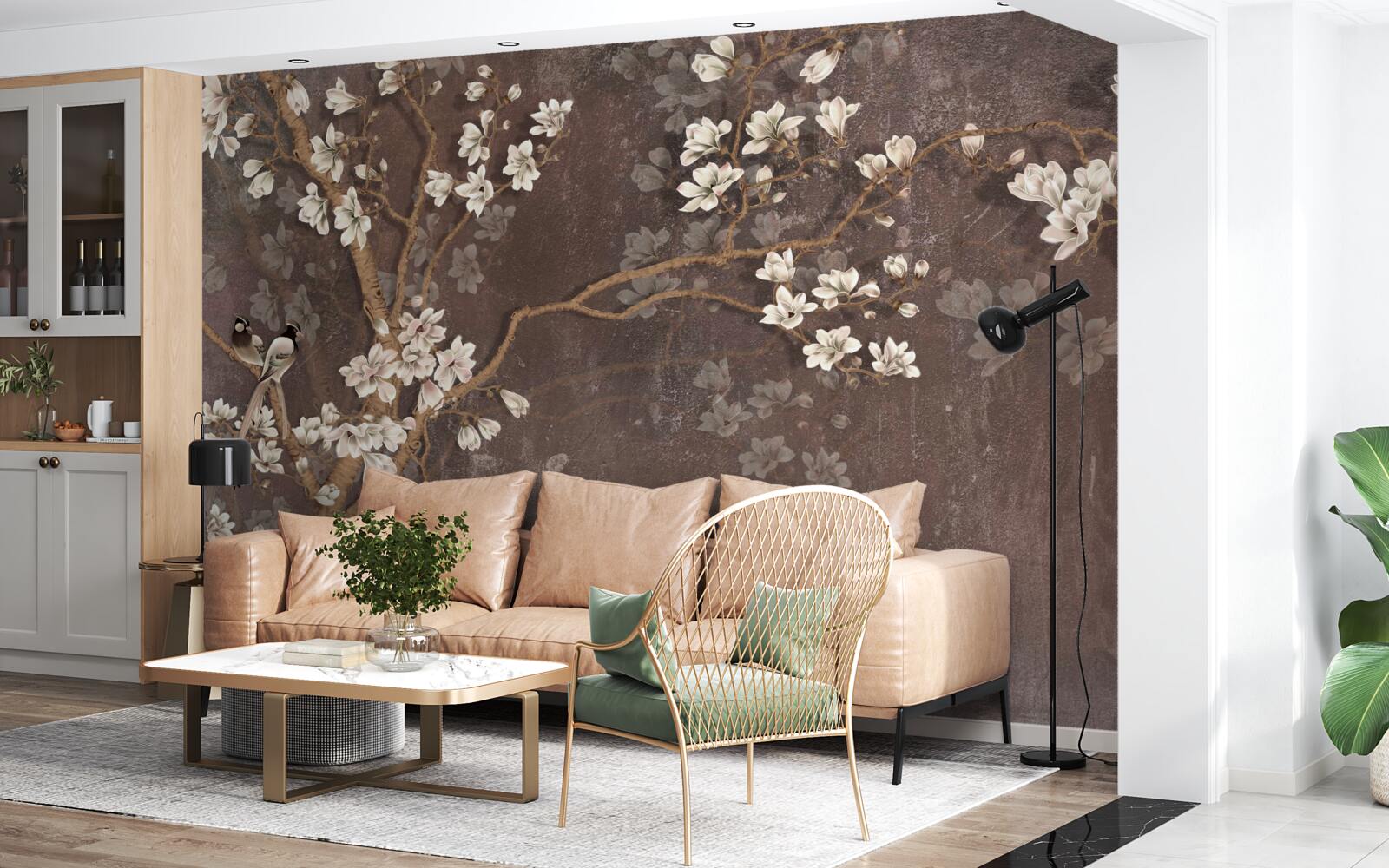 Fototapeta dve vtáčie stvorenia na strome s kvetmi