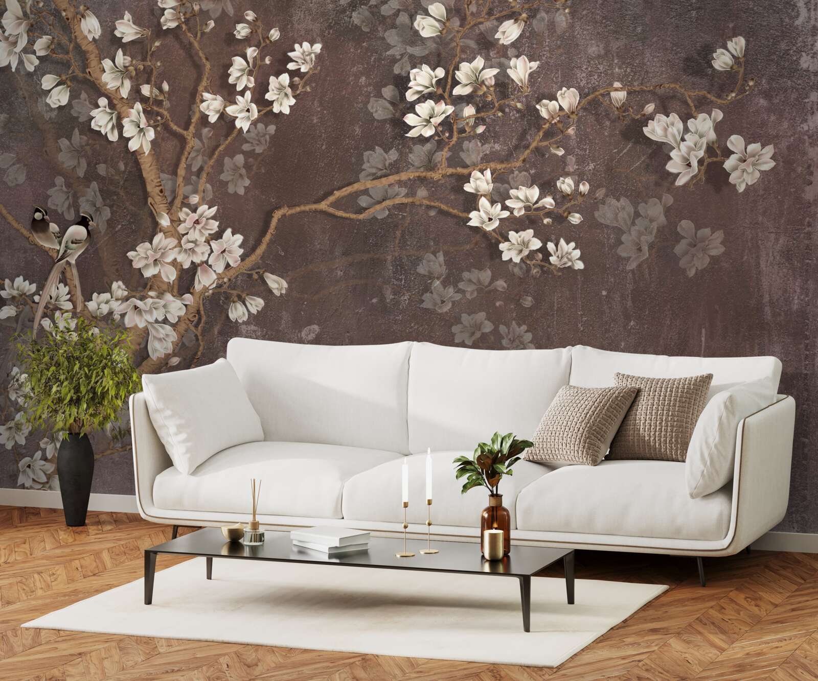 Fototapeta dve vtáčie stvorenia na strome s kvetmi