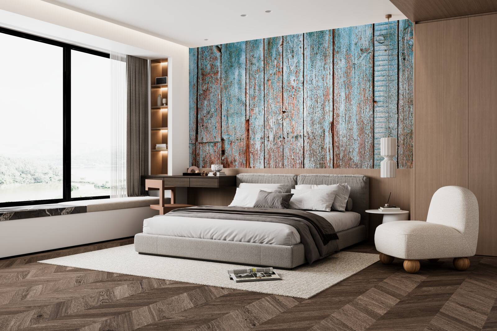 Fototapeta pozadie zo starých trámov v odtieňoch šedej a modrej