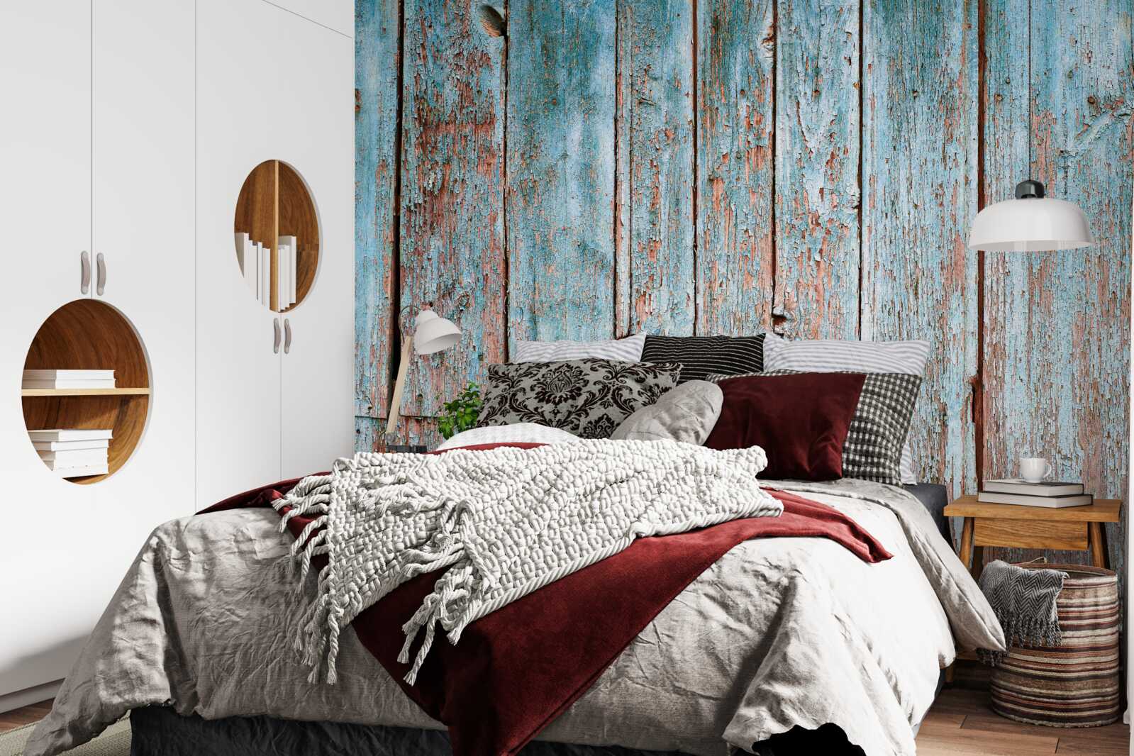 Fototapeta pozadie zo starých trámov v odtieňoch šedej a modrej