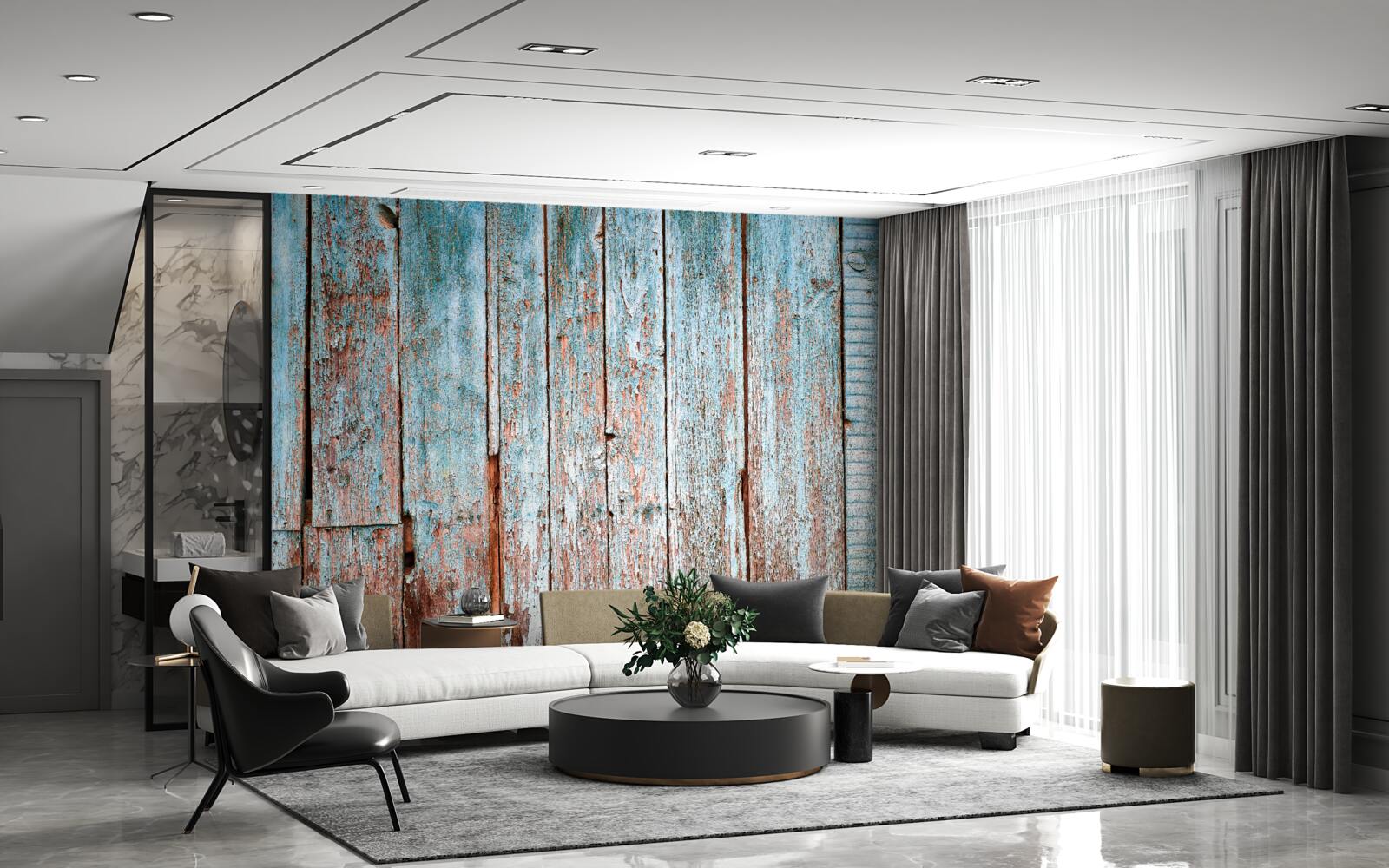 Fototapeta pozadie zo starých trámov v odtieňoch šedej a modrej