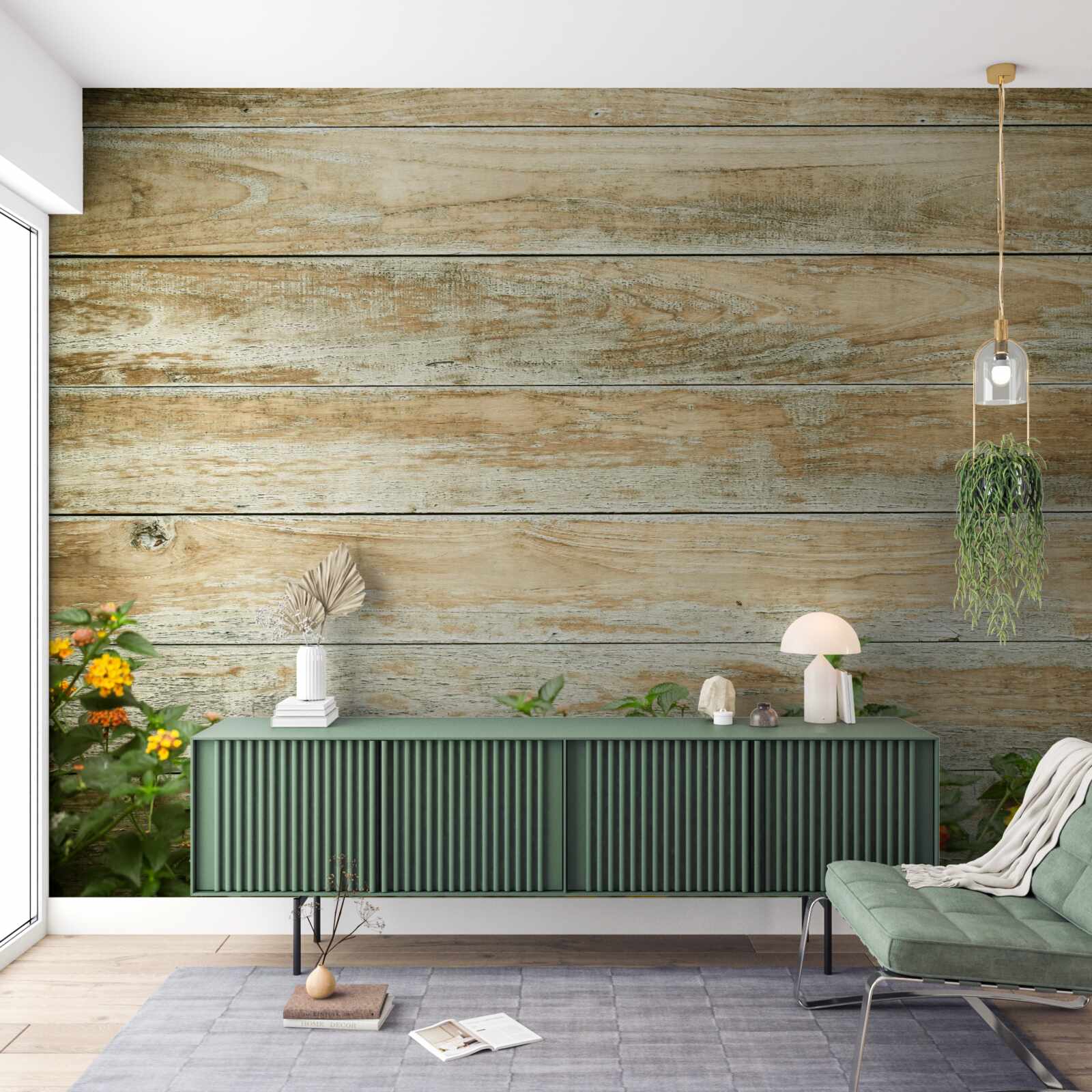 Fototapeta Na pozadí parketovej podlahy obklopenej zeleňou sú žlté kvety