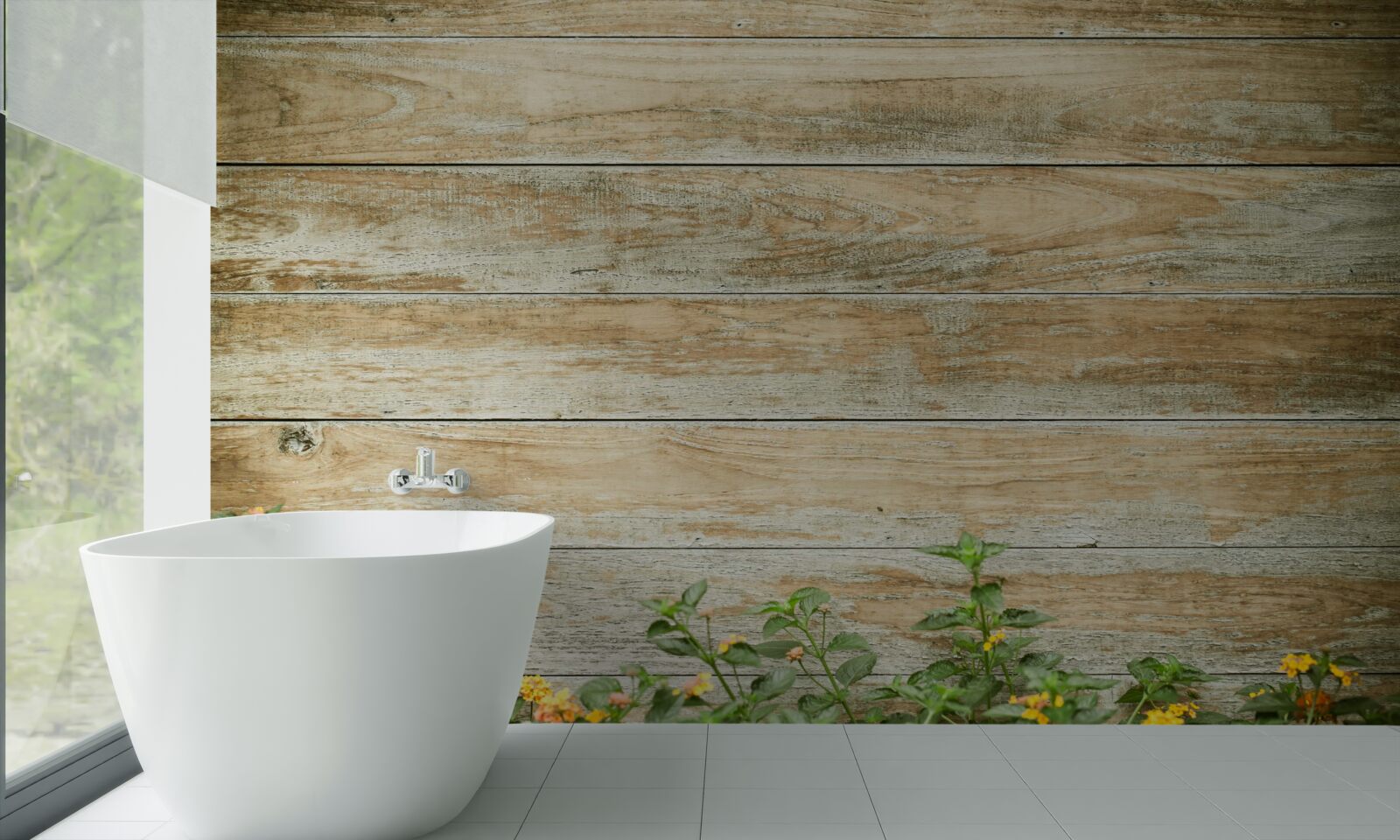 Fototapeta Na pozadí parketovej podlahy obklopenej zeleňou sú žlté kvety