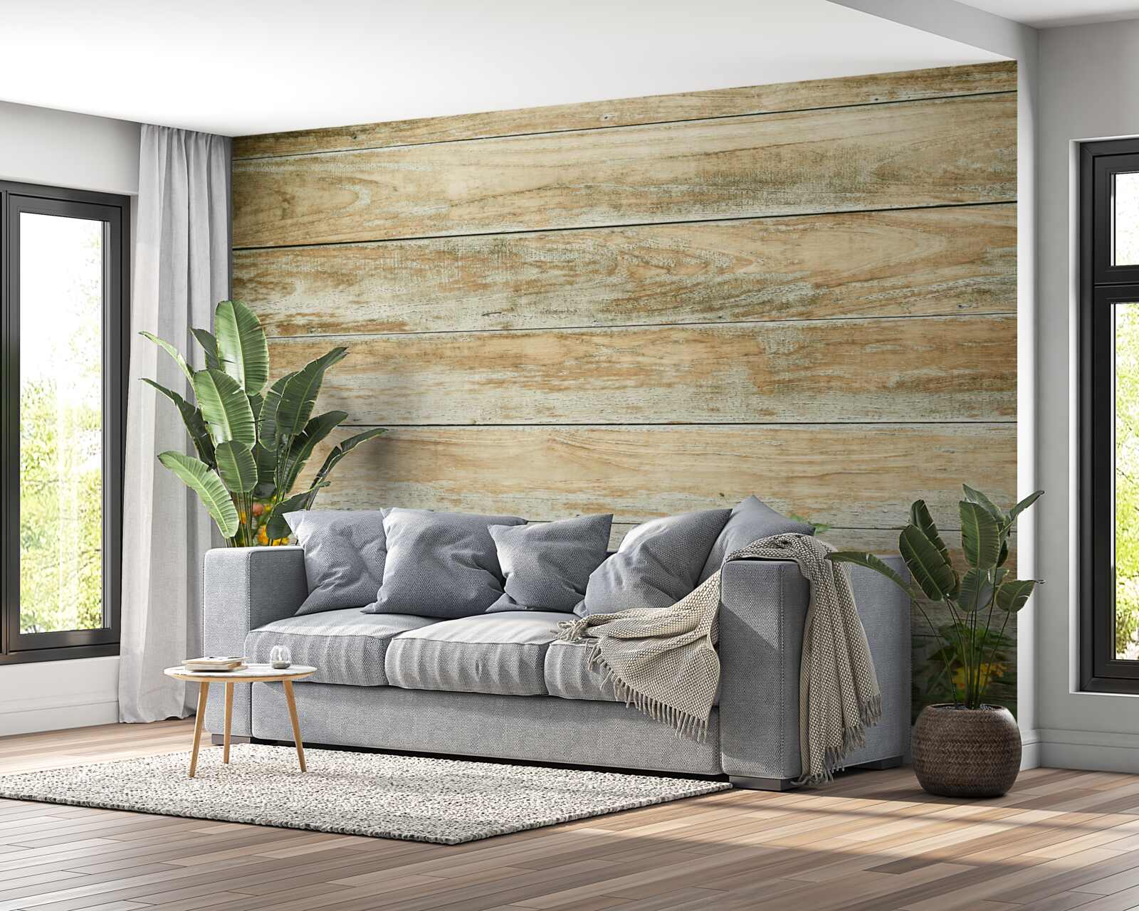 Fototapeta Na pozadí parketovej podlahy obklopenej zeleňou sú žlté kvety