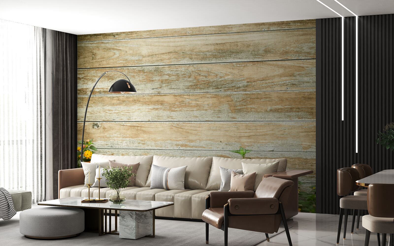 Fototapeta Na pozadí parketovej podlahy obklopenej zeleňou sú žlté kvety