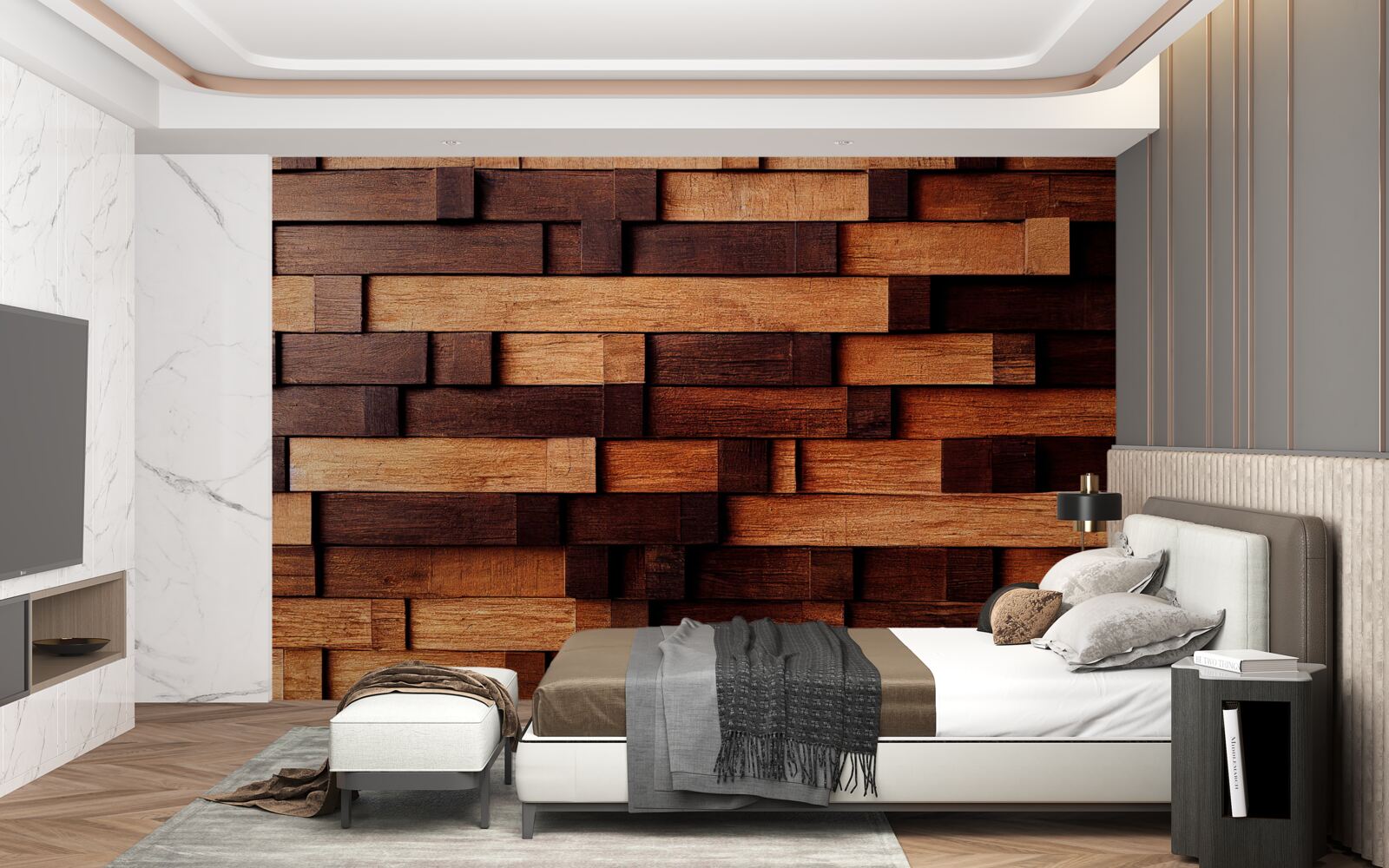 Fototapeta Stenu tvoria drevené trámy v odtieňoch tmavohnedej a svetlohnedej