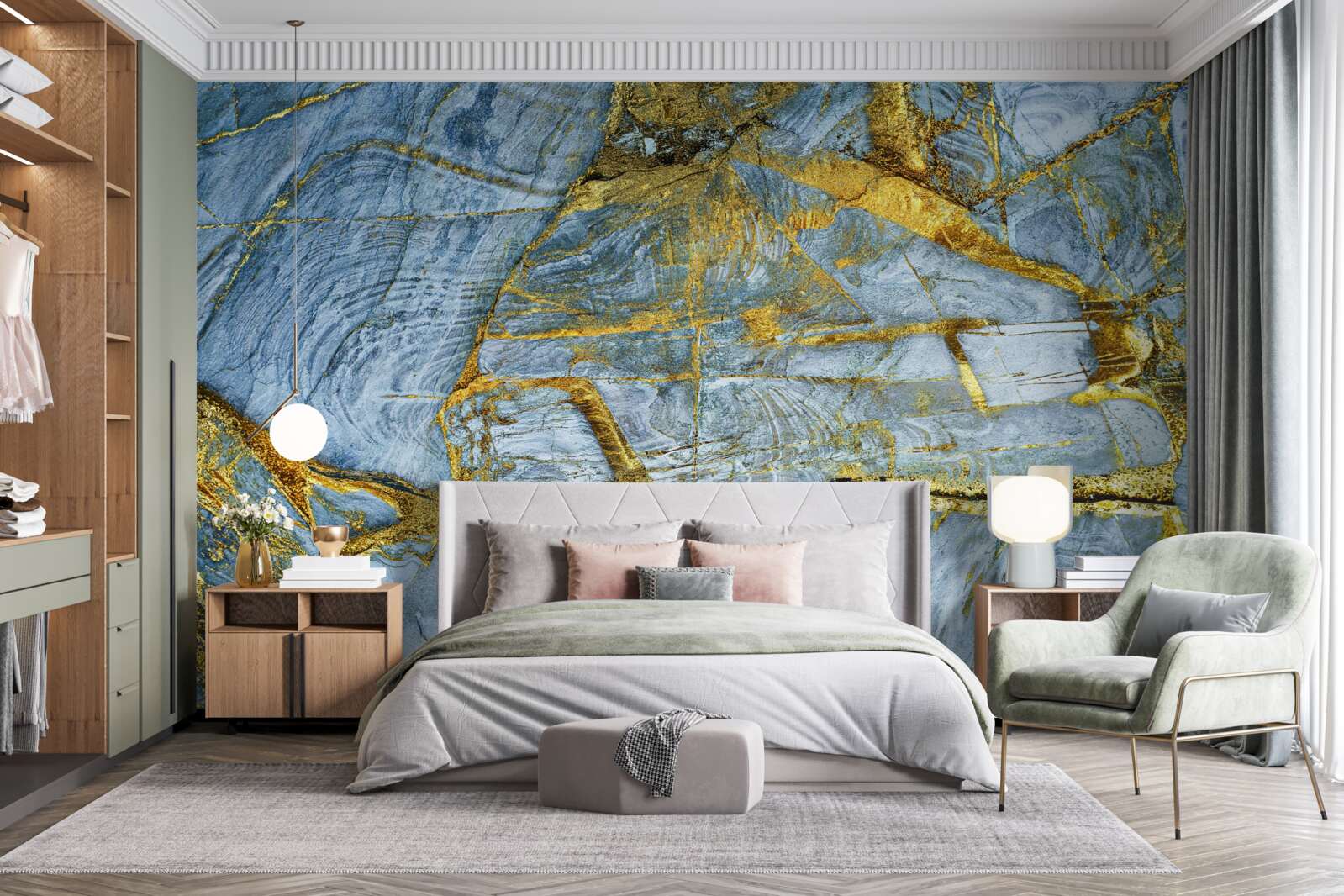 Fototapeta rez so zlatými odtieňmi na modrom podklade