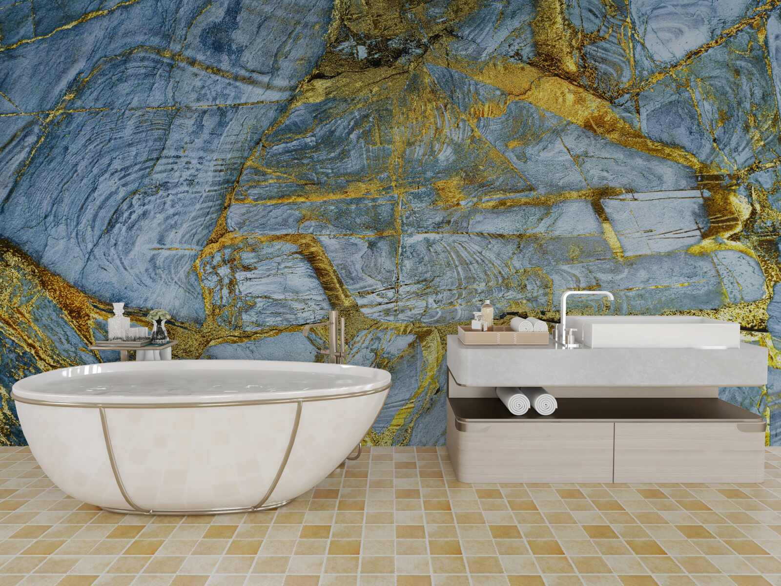 Fototapeta rez so zlatými odtieňmi na modrom podklade