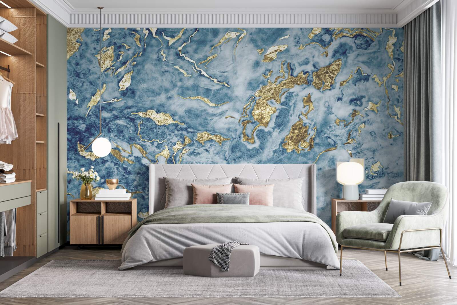 Fototapeta modrý mramor so zlatými žilami