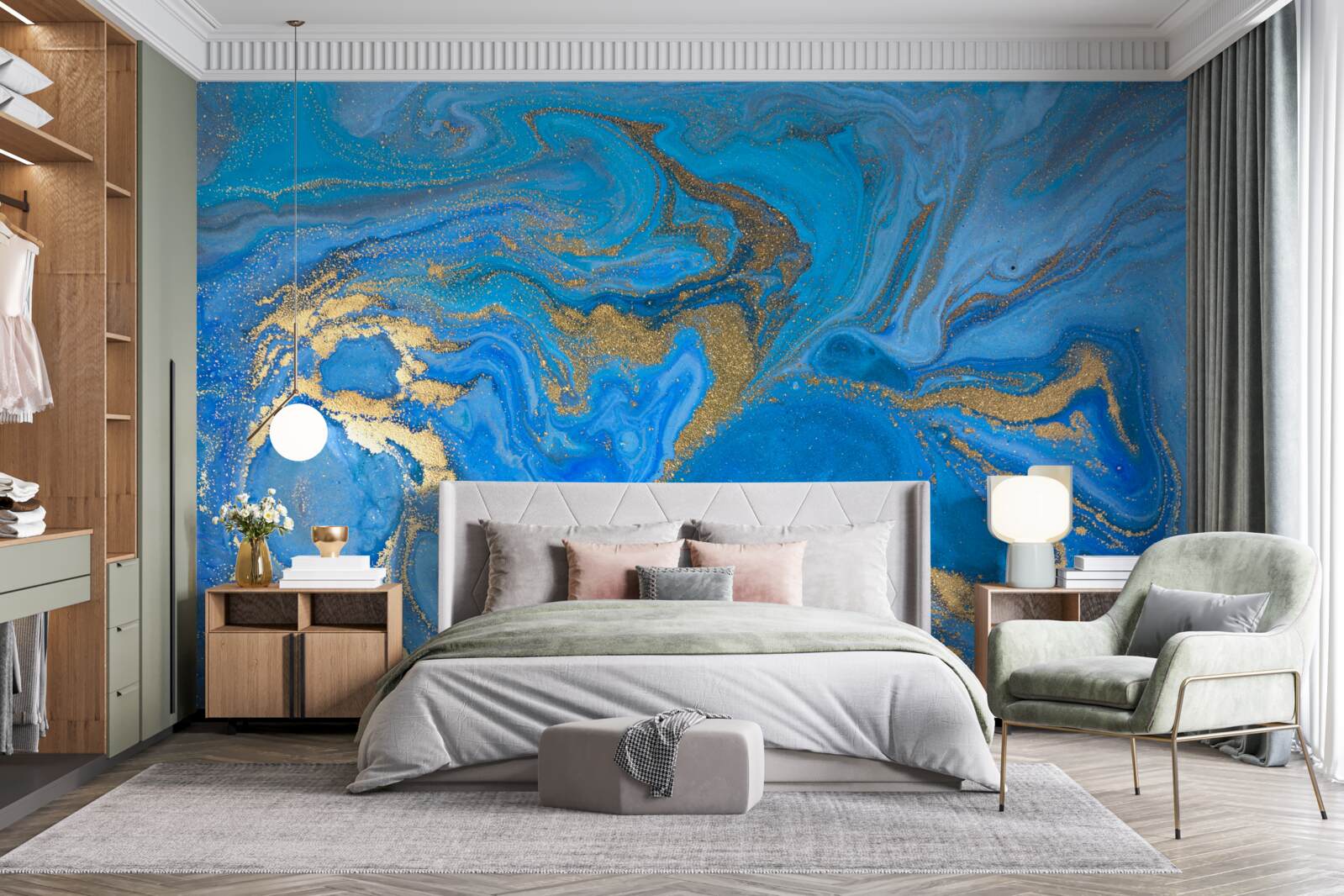 Fototapeta modrý a zlatý mramorový štýl
