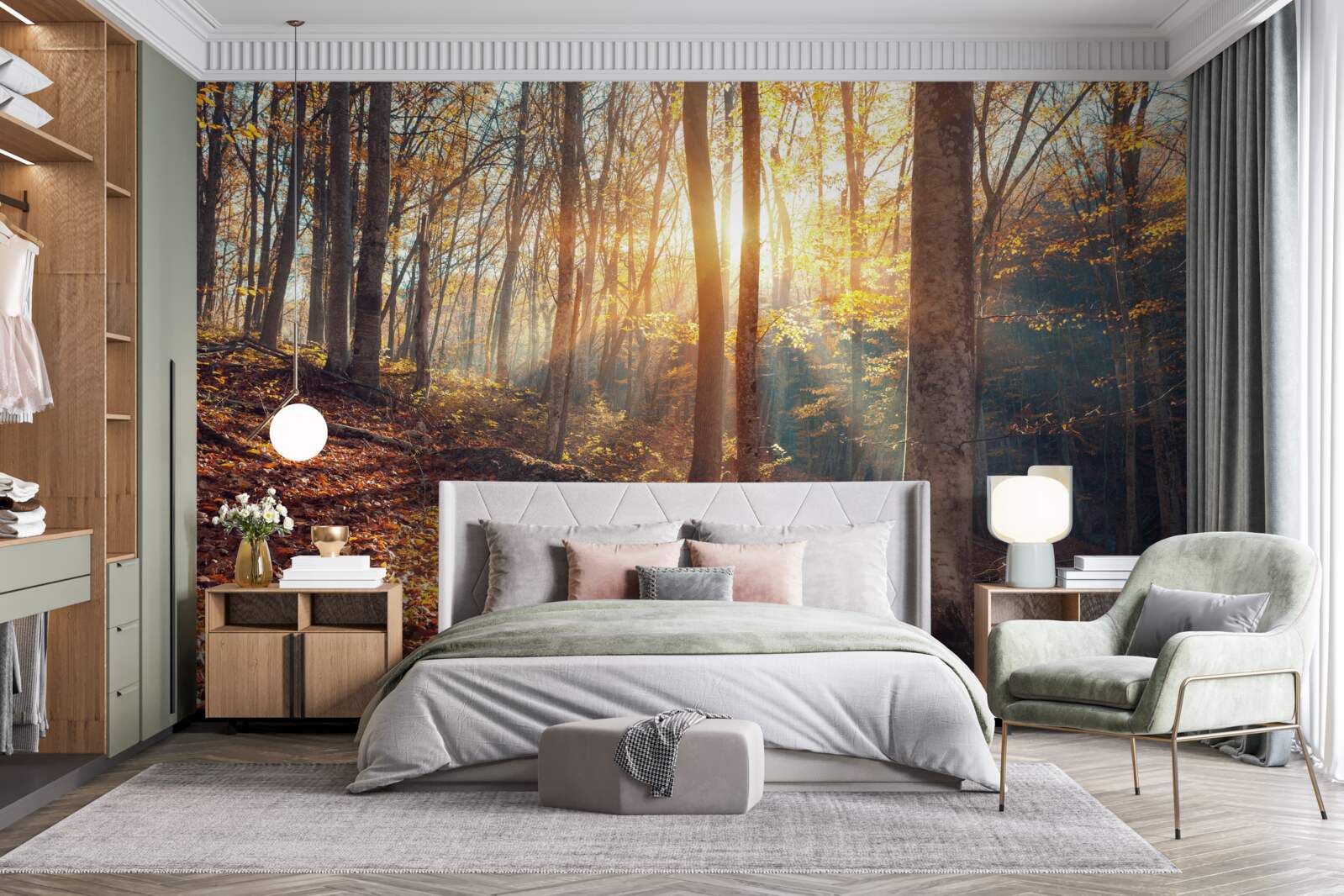 Fototapeta ranný les zahalený v hmle zažíva slnečné teplo