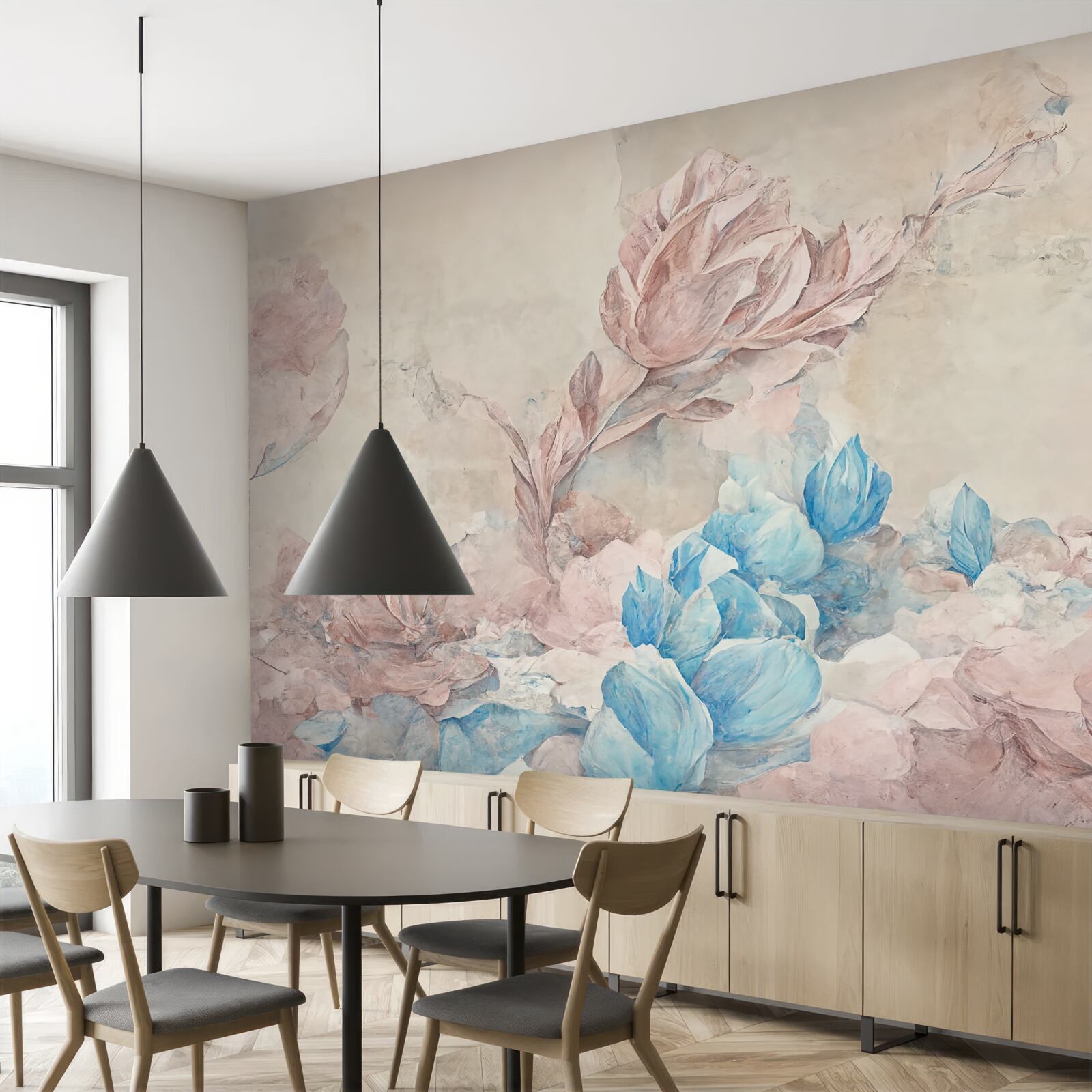 Fototapeta ružové kvety s modrými lístkami