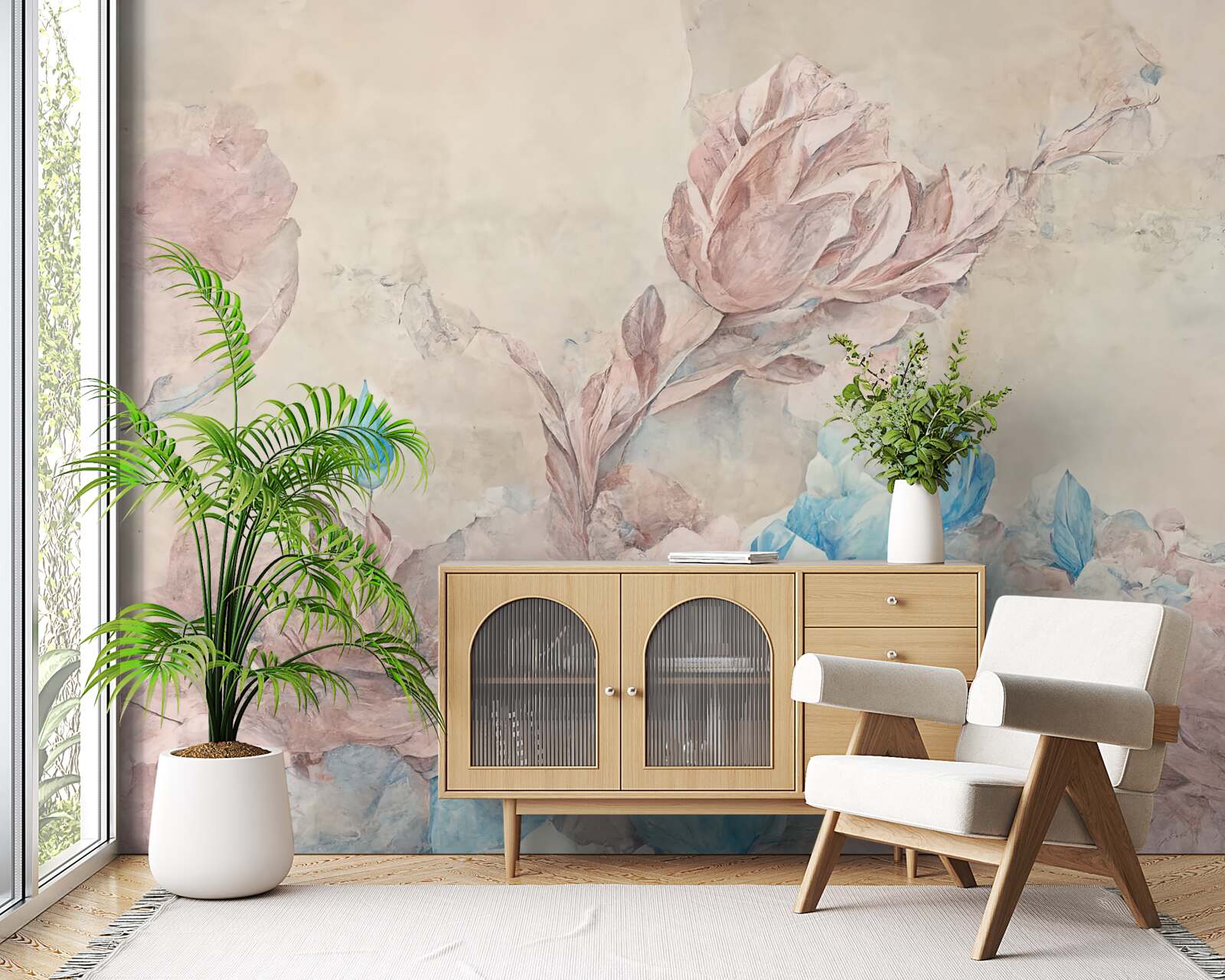 Fototapeta ružové kvety s modrými lístkami