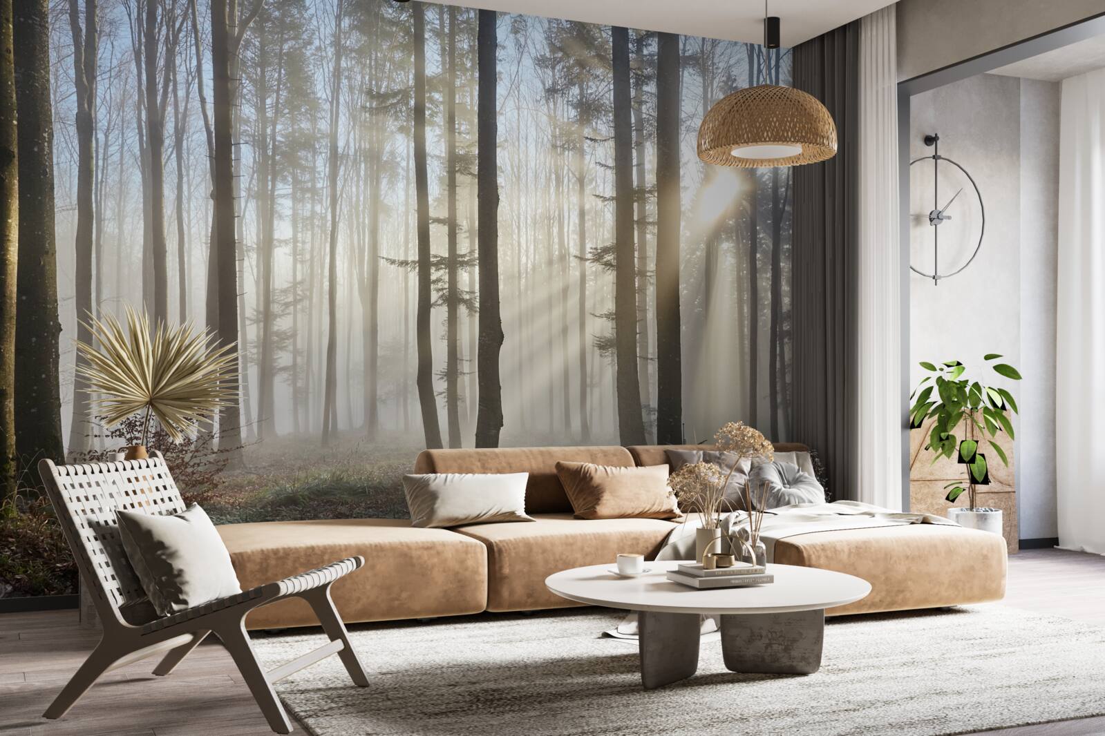 Fototapeta slnečné lúče sa predierajú hmlou v húšti stromov