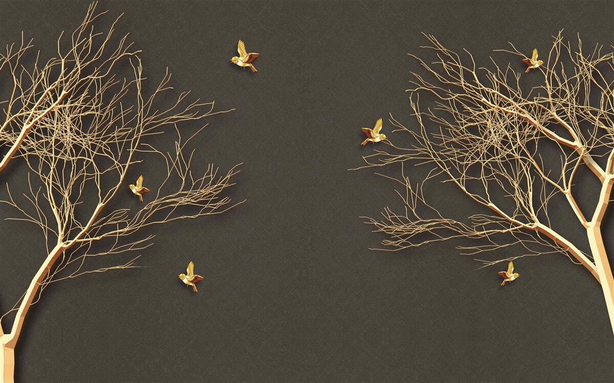 Fototapeta zlaté stromy a motýle na pozadí tmavej nočnej oblohy