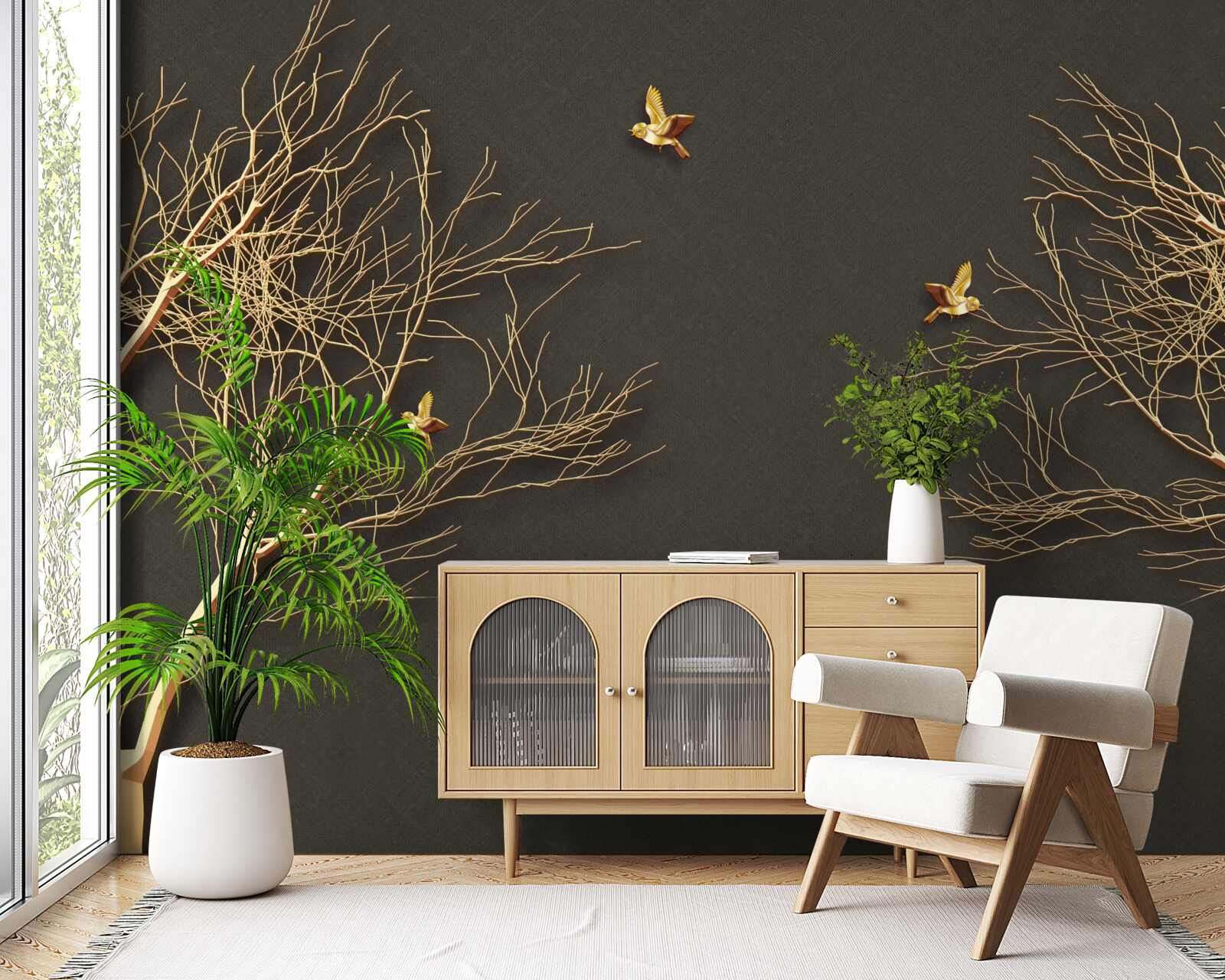 Fototapeta zlaté stromy a motýle na pozadí tmavej nočnej oblohy