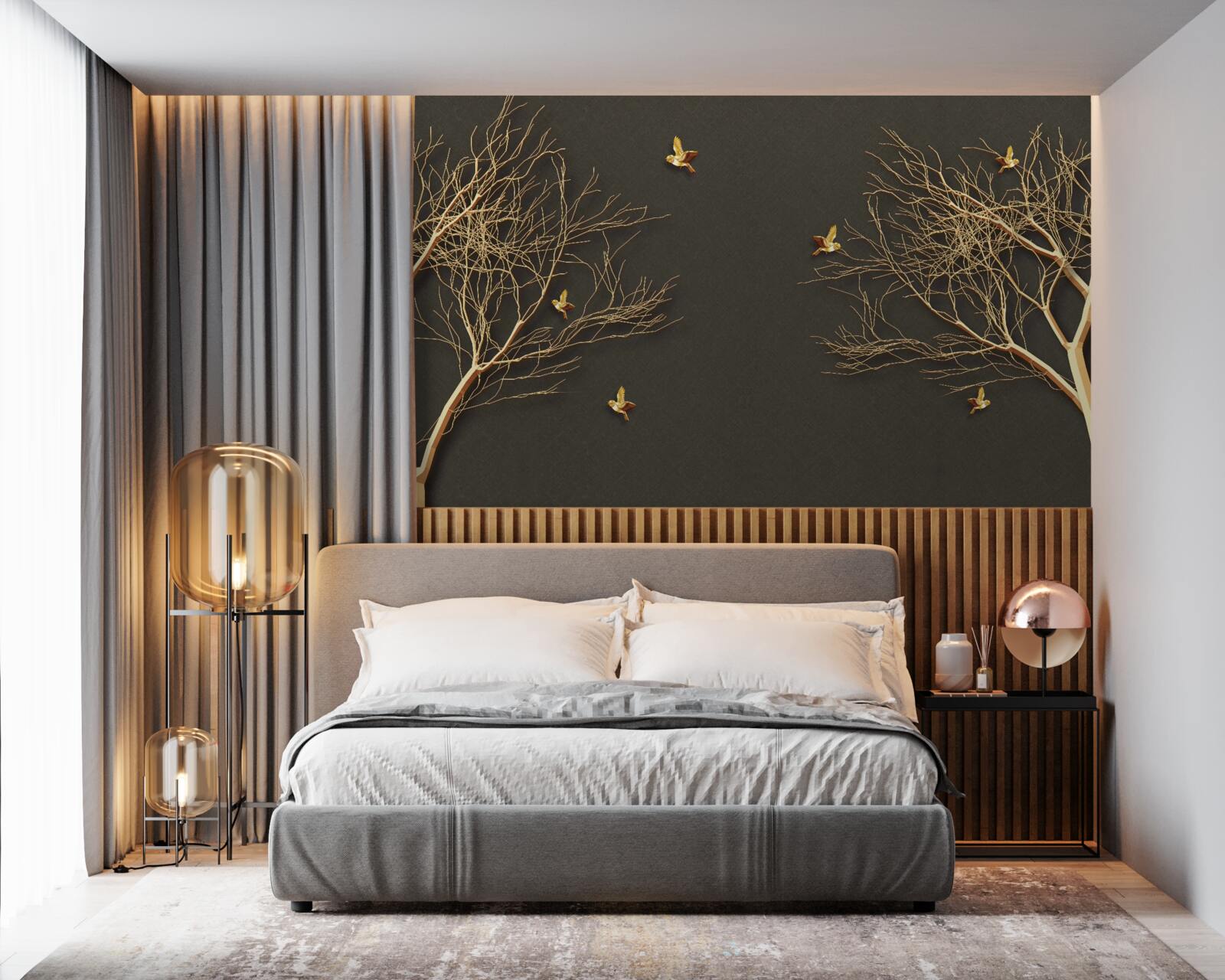 Fototapeta zlaté stromy a motýle na pozadí tmavej nočnej oblohy