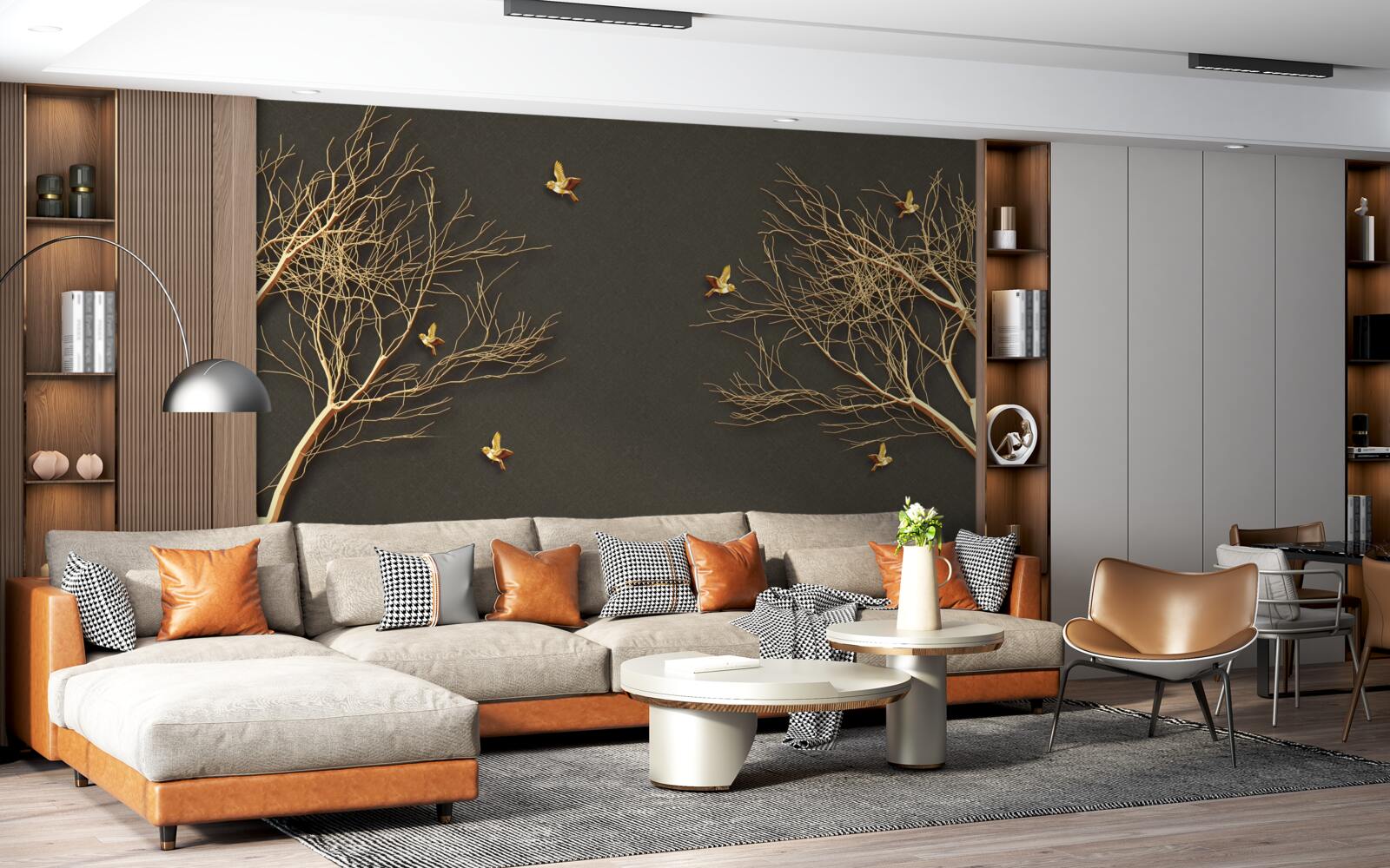 Fototapeta zlaté stromy a motýle na pozadí tmavej nočnej oblohy