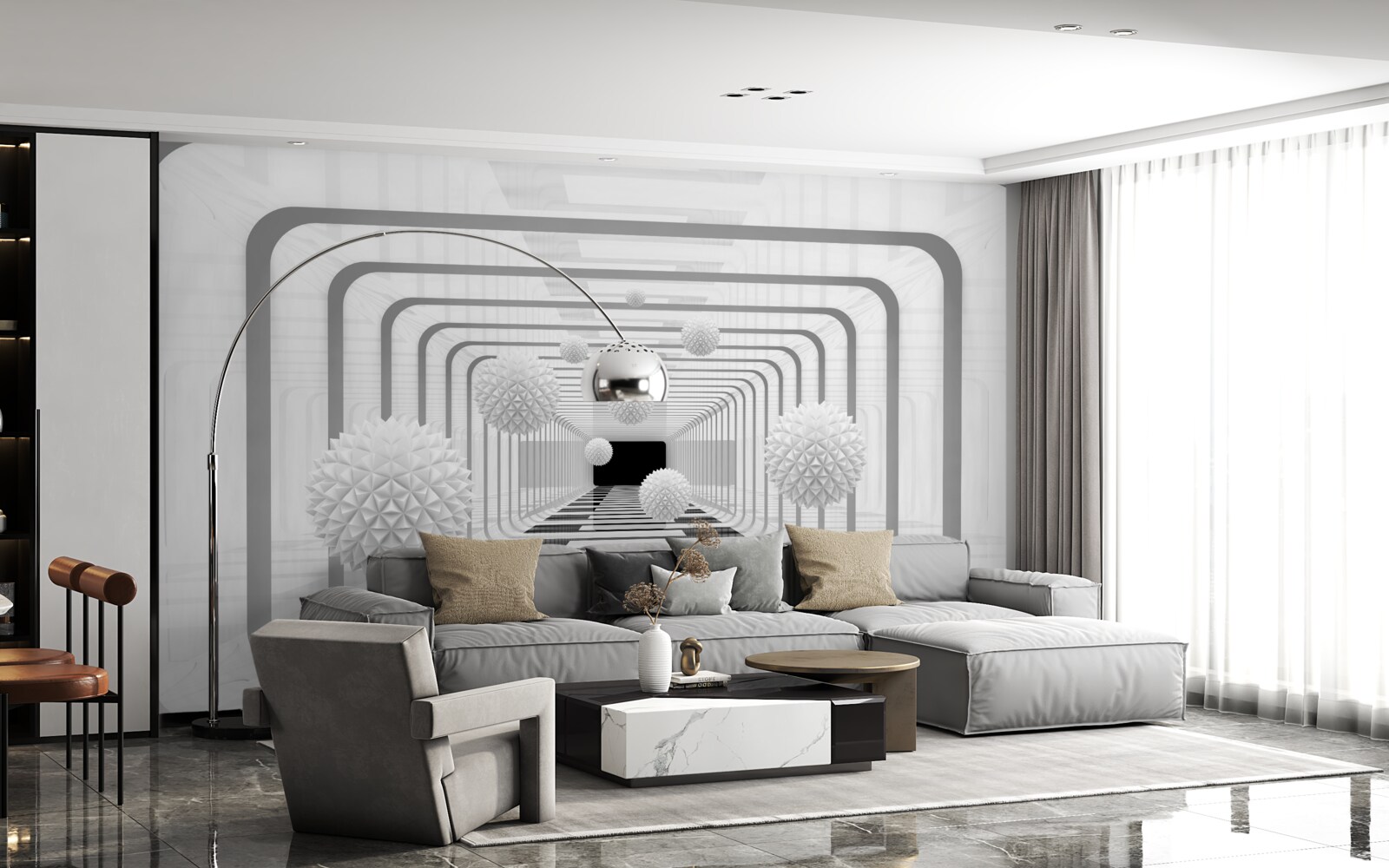 Fototapeta nekonečno s polkruhmi a alabastrovými guľami