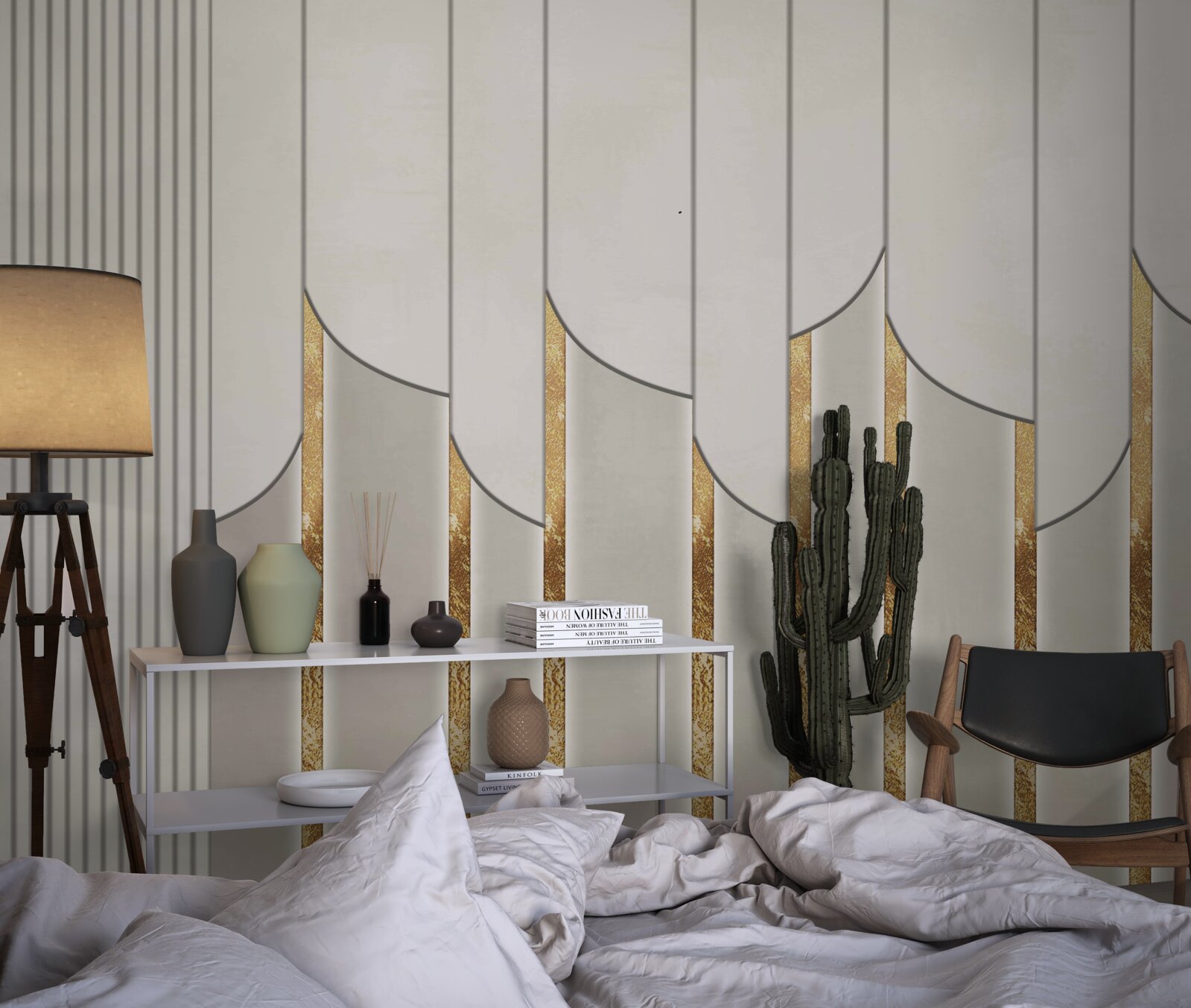 Fototapeta parketová podlaha zdobená zlatom, vyrobená z bielych a šedých drevených dosiek