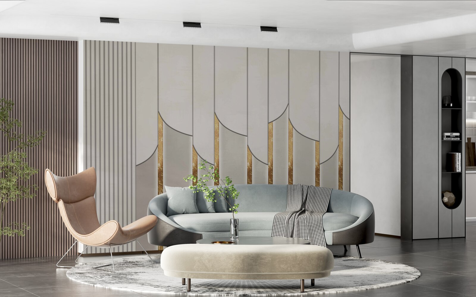 Fototapeta parketová podlaha zdobená zlatom, vyrobená z bielych a šedých drevených dosiek