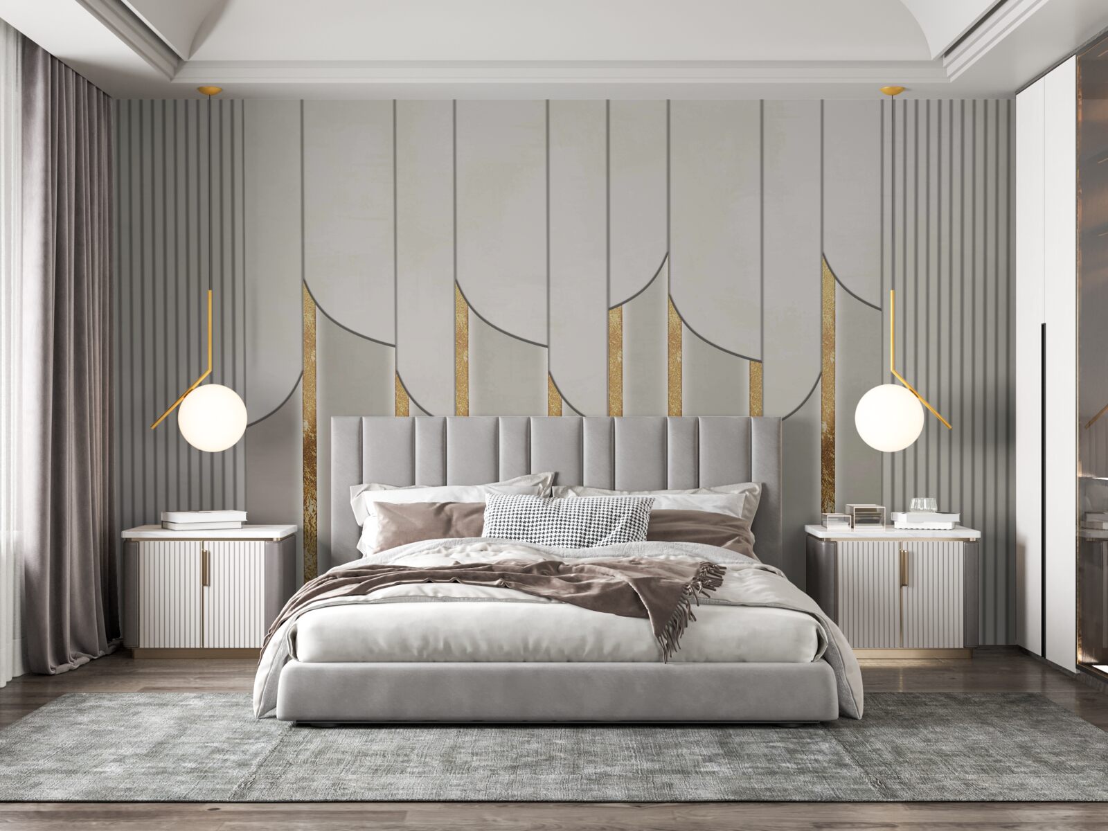 Fototapeta parketová podlaha zdobená zlatom, vyrobená z bielych a šedých drevených dosiek