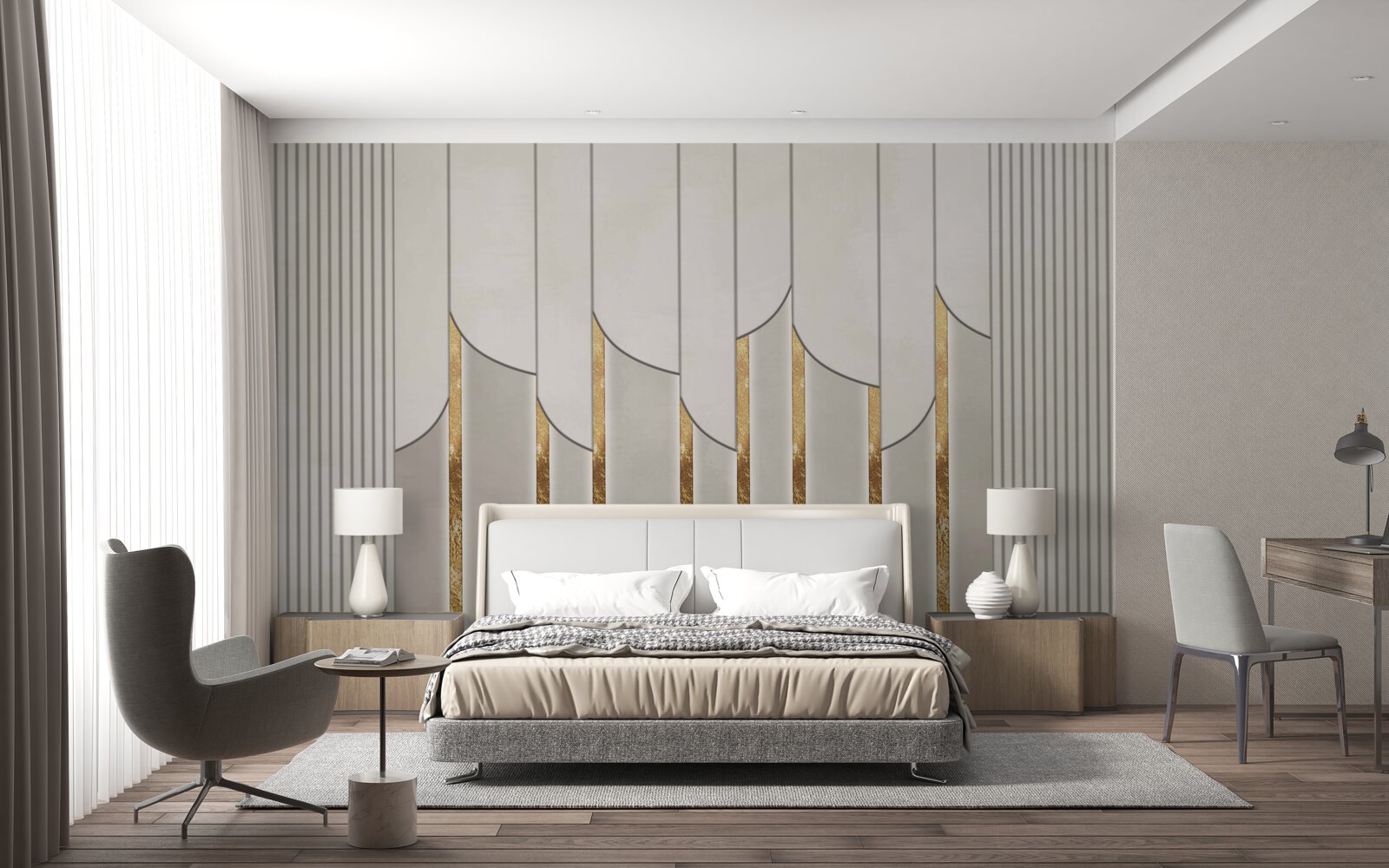 Fototapeta parketová podlaha zdobená zlatom, vyrobená z bielych a šedých drevených dosiek