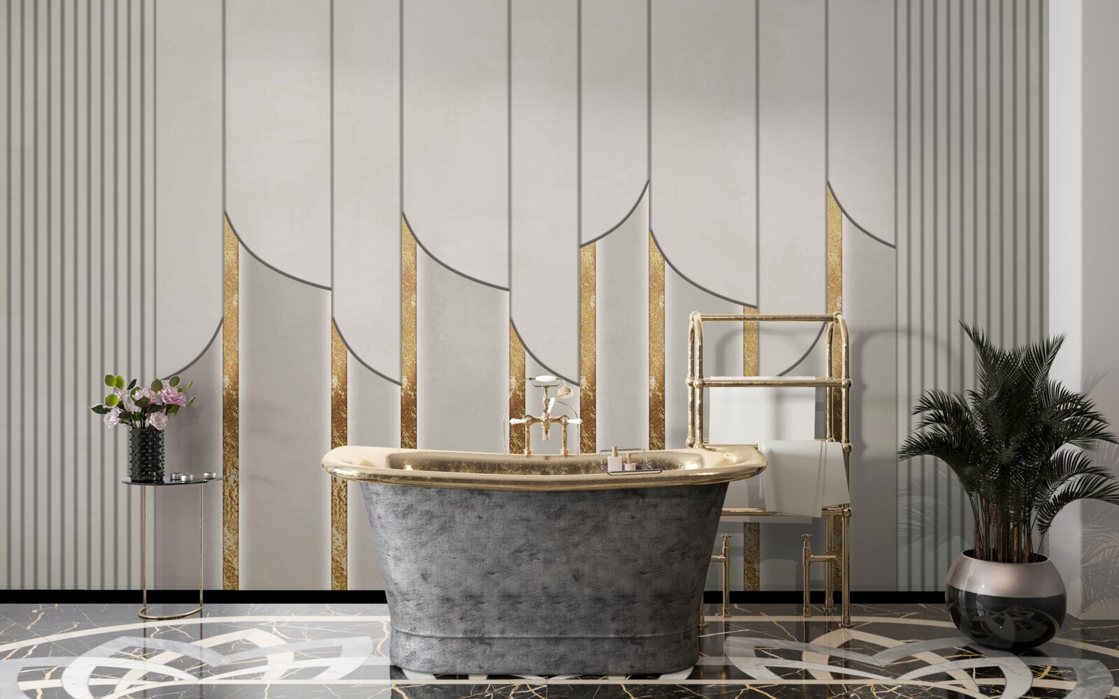 Fototapeta parketová podlaha zdobená zlatom, vyrobená z bielych a šedých drevených dosiek