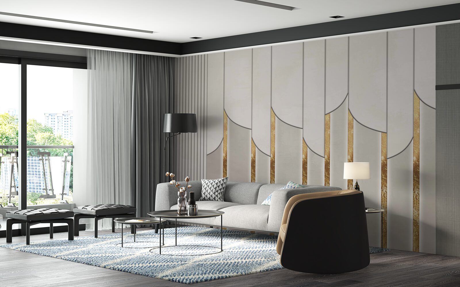 Fototapeta parketová podlaha zdobená zlatom, vyrobená z bielych a šedých drevených dosiek