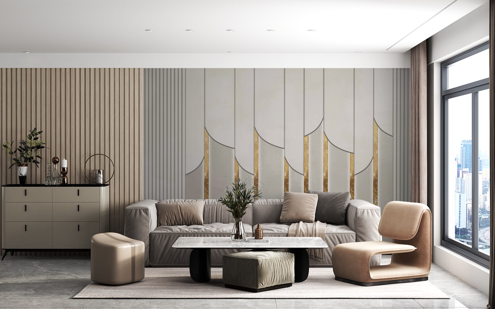 Fototapeta parketová podlaha zdobená zlatom, vyrobená z bielych a šedých drevených dosiek