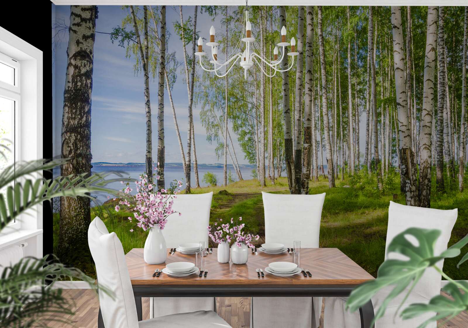 Fototapeta čistinka s brezami pri jazere, obklopená zeleňou