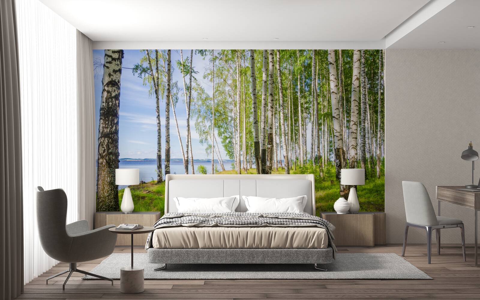 Fototapeta čistinka s brezami pri jazere, obklopená zeleňou