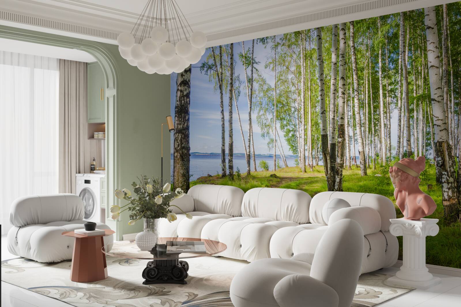 Fototapeta čistinka s brezami pri jazere, obklopená zeleňou